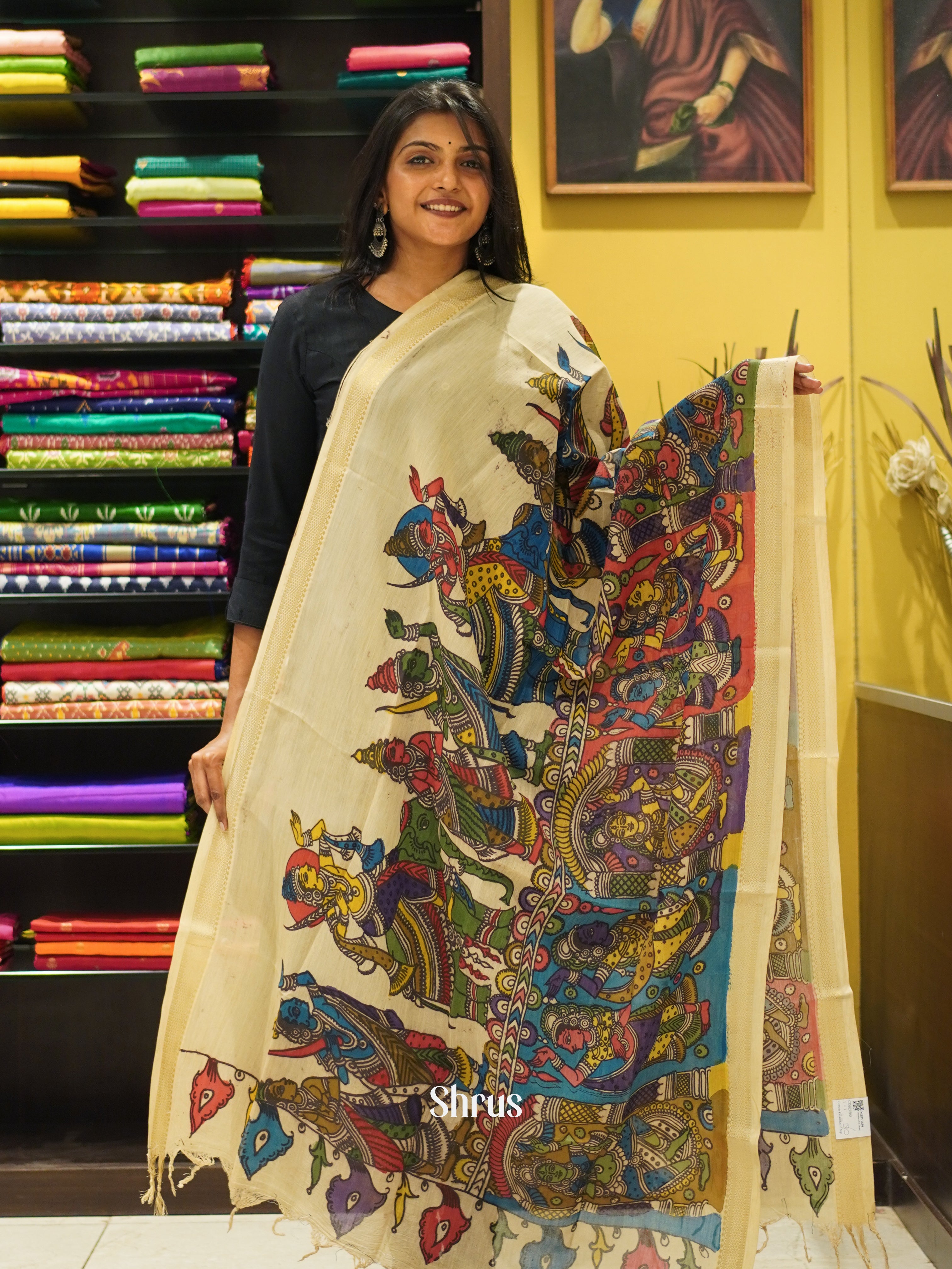 Cream -  Penkalamkari Dupatta - Shop on ShrusEternity.com