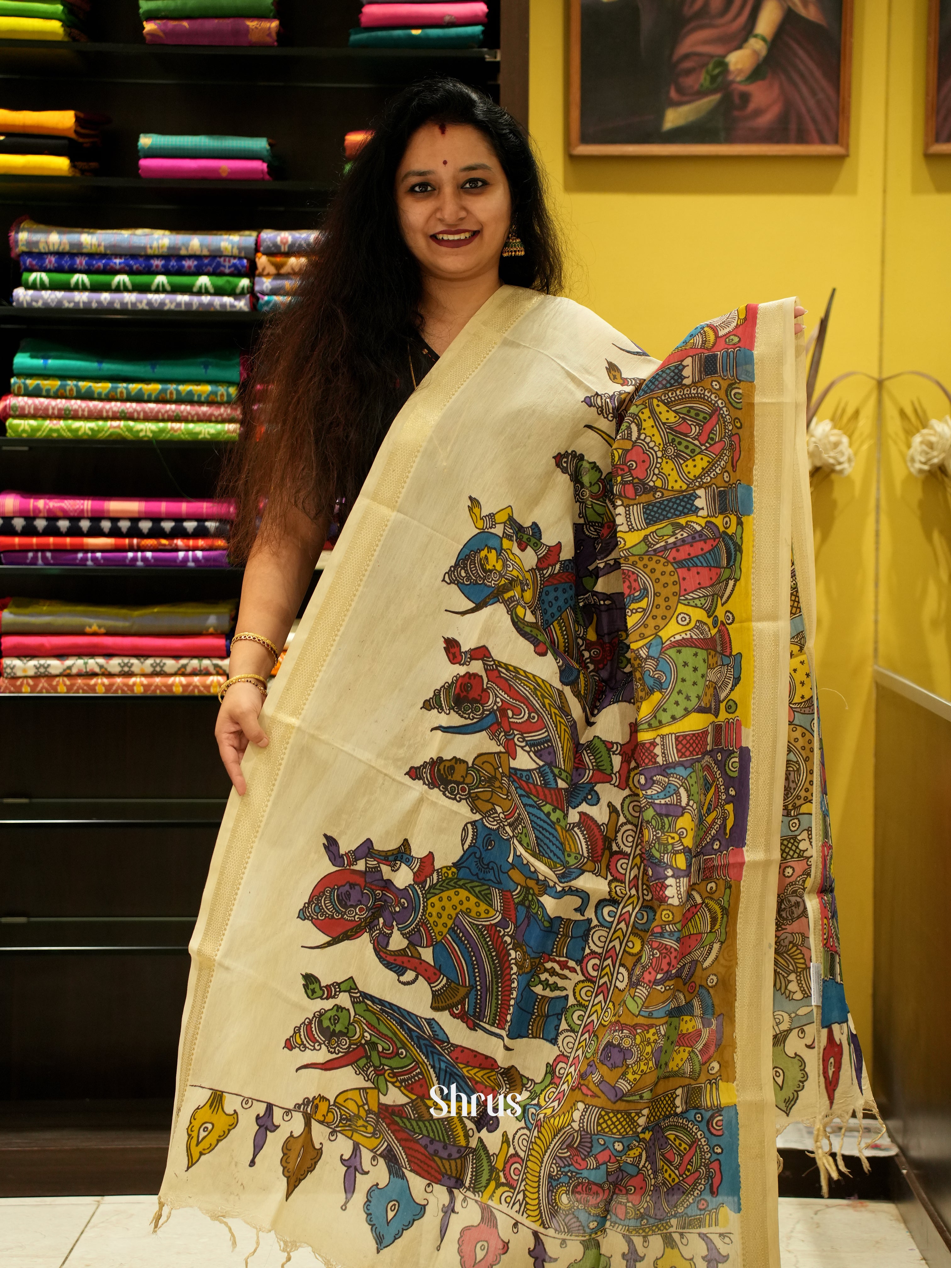 Cream - Pen kalamkari Dupatta - Shop on ShrusEternity.com