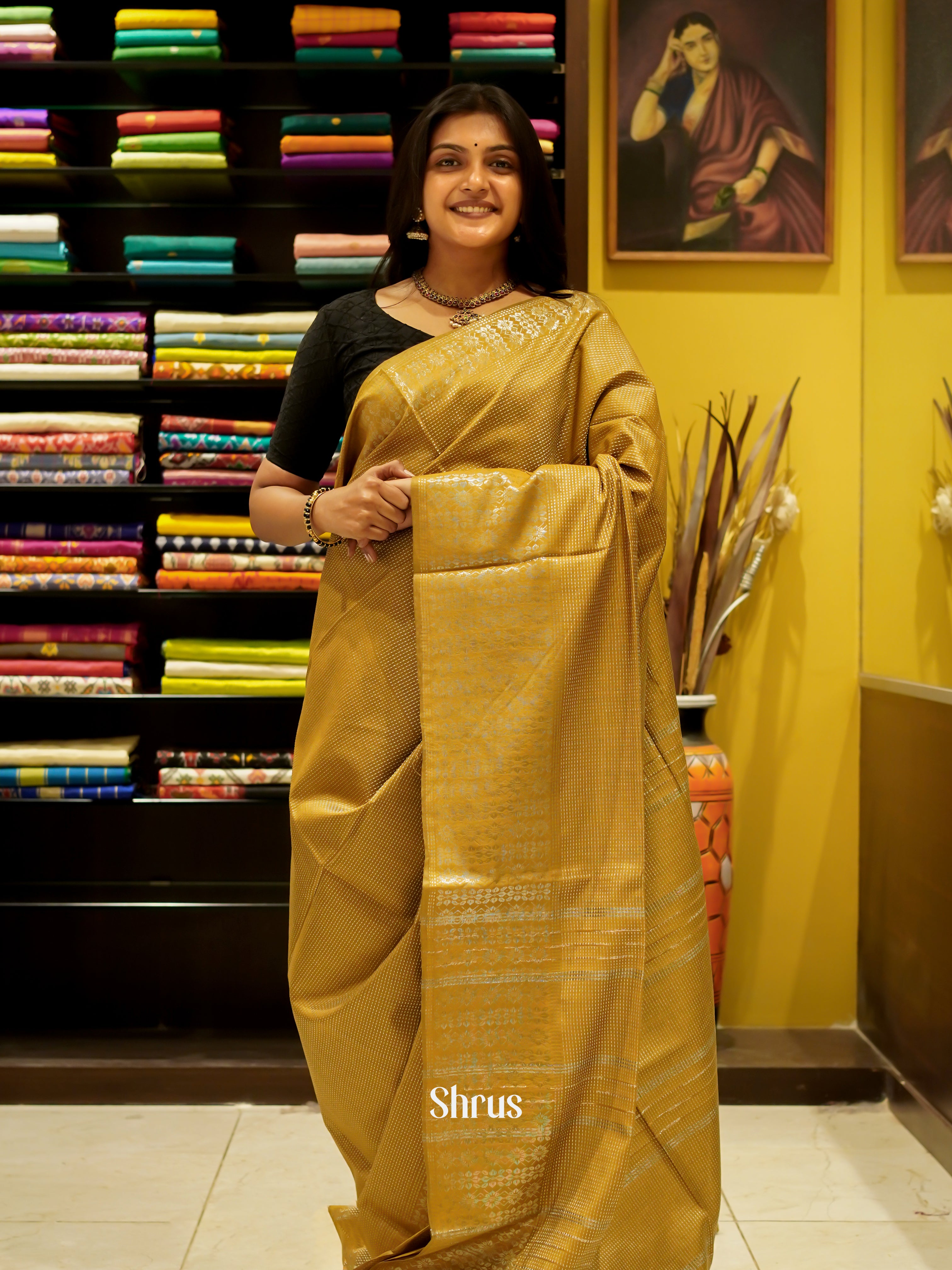 Mustardy Green(Single Tone)- Semi Tussar Saree - Shop on ShrusEternity.com