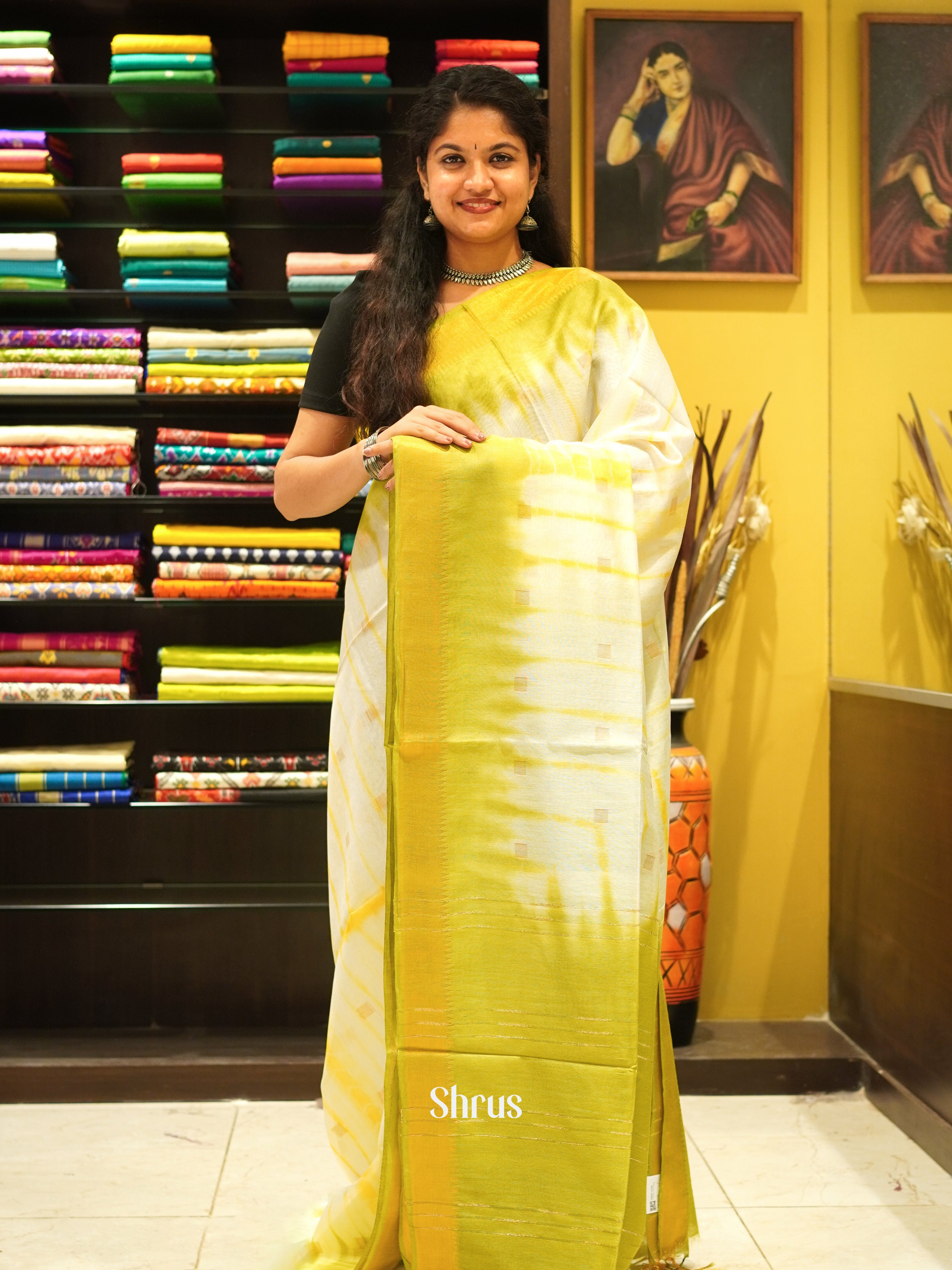 Cream & Green- Shibori  Saree - Shop on ShrusEternity.com