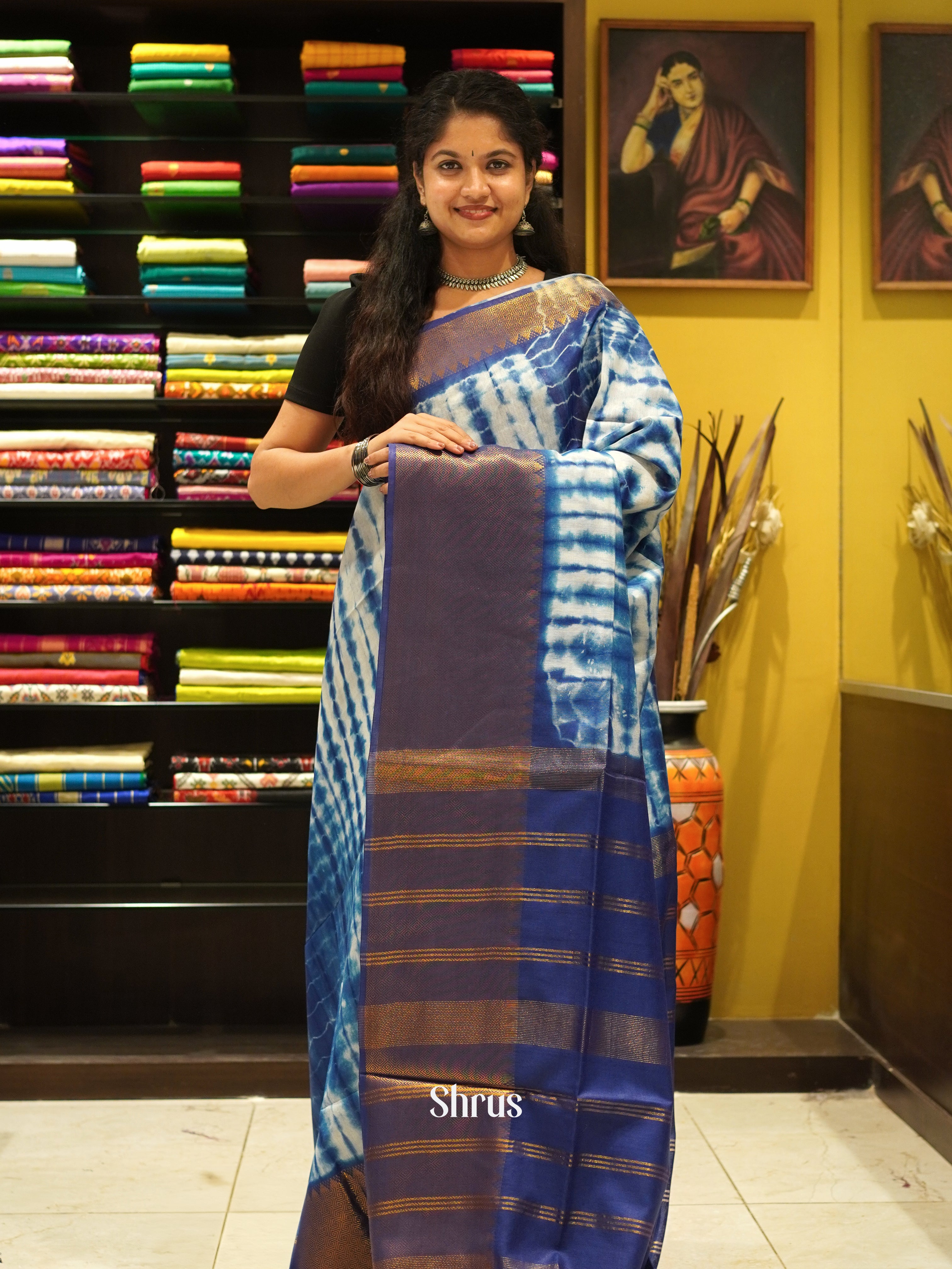 Blue & Cream  - Shibori  Saree - Shop on ShrusEternity.com