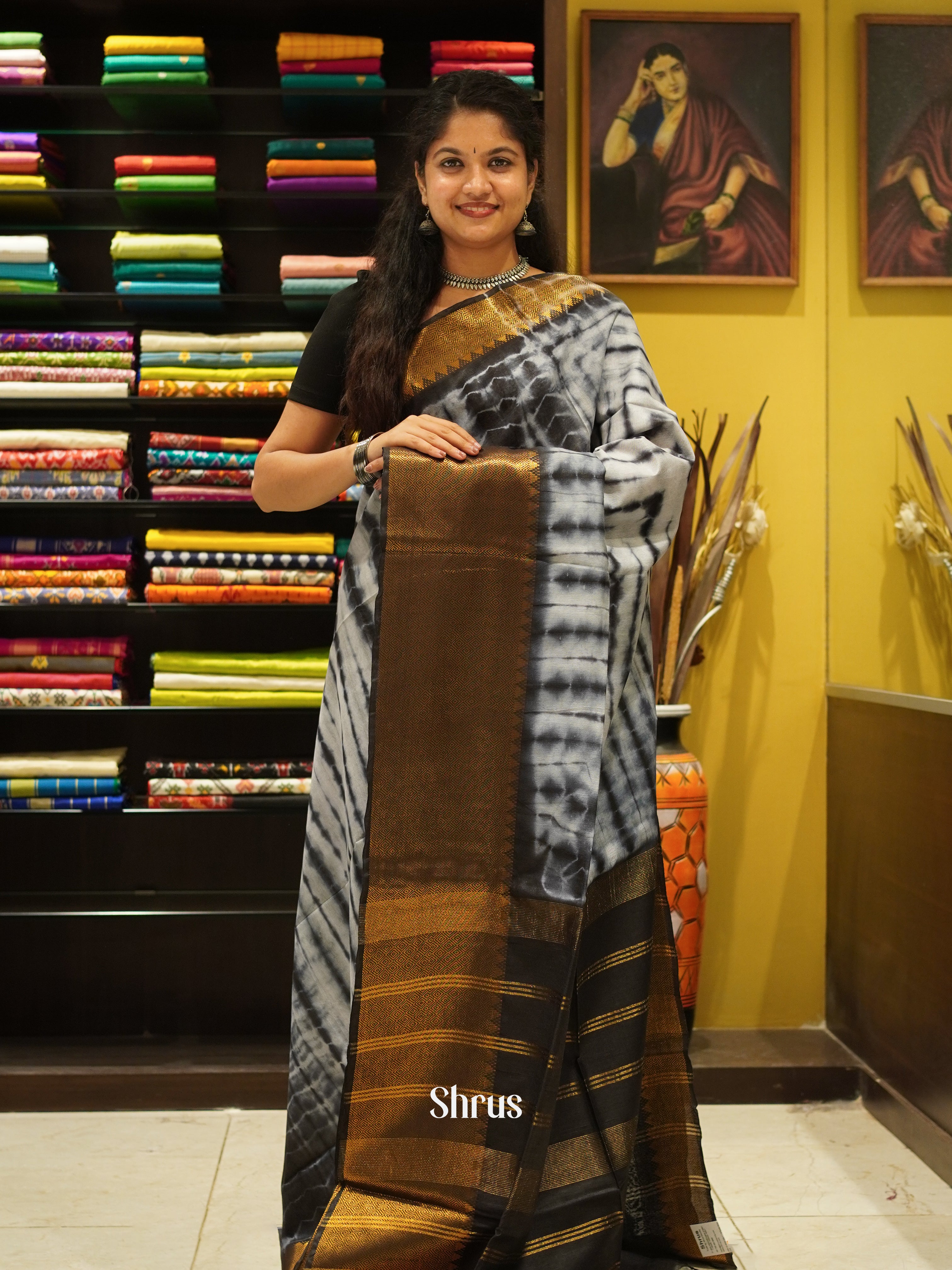 Cream & Black - Shibori  Saree - Shop on ShrusEternity.com