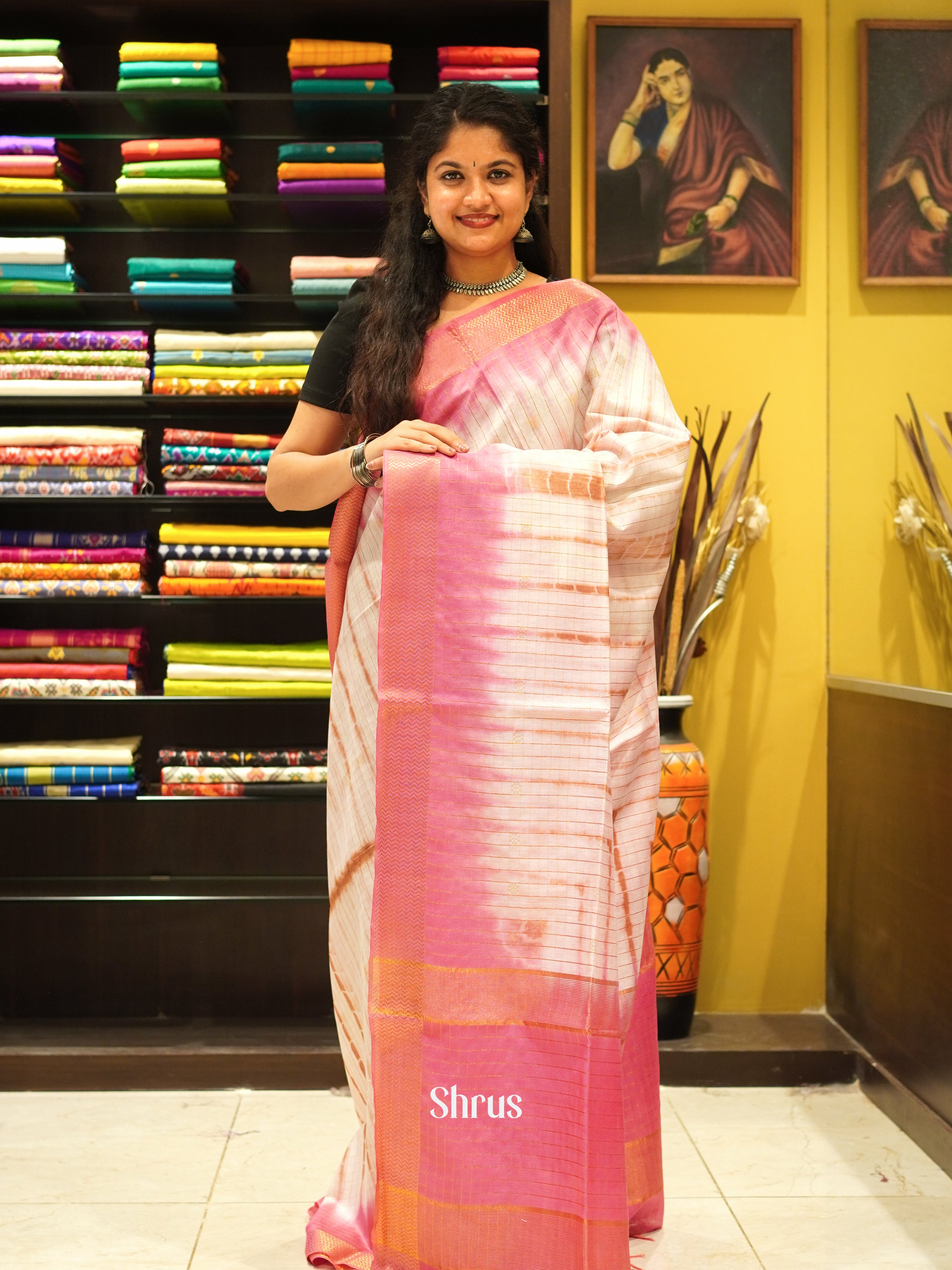 Cream & Pink - Shibori  Saree - Shop on ShrusEternity.com