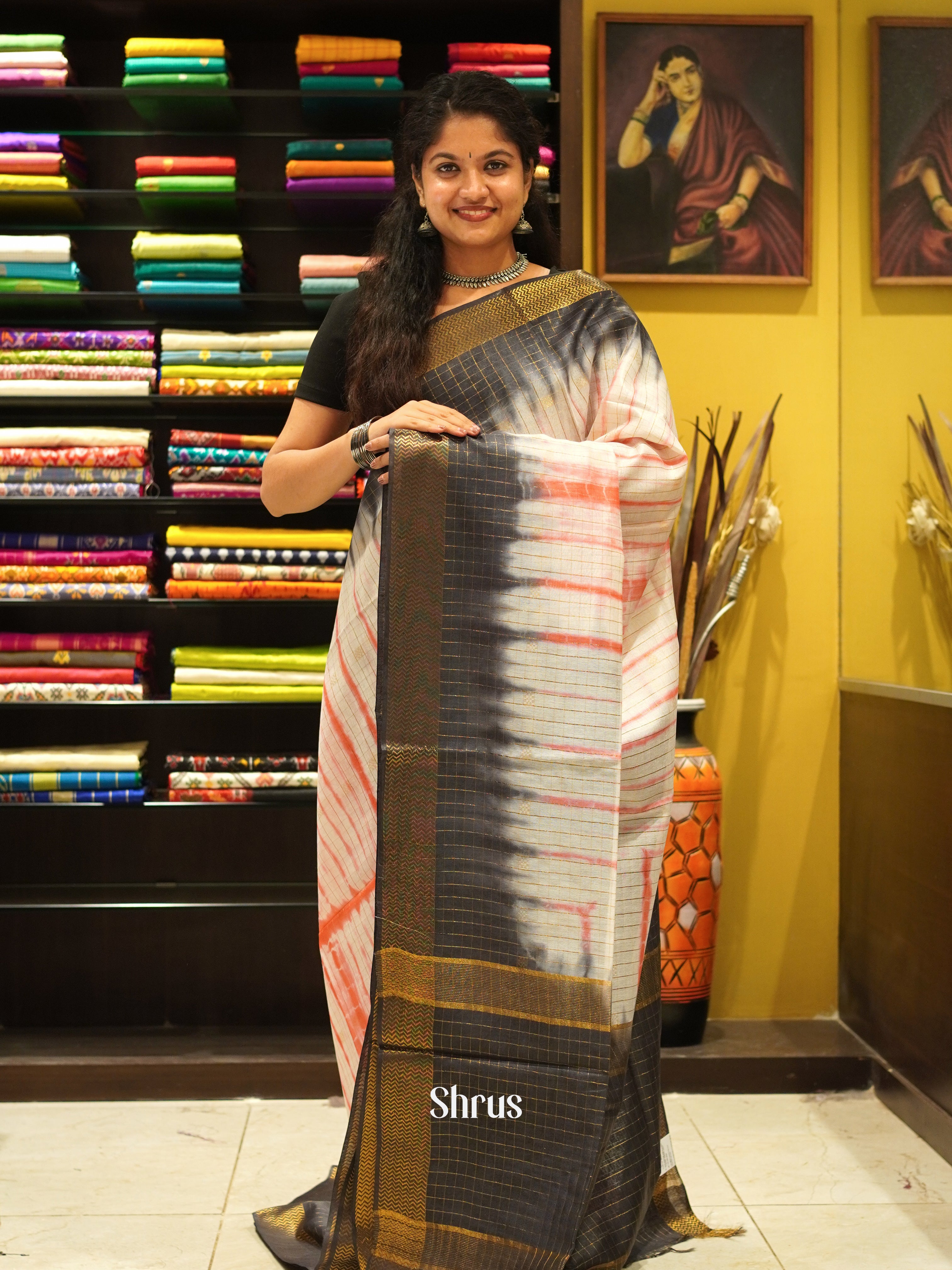 Cream & Black - Shibori  Saree - Shop on ShrusEternity.com