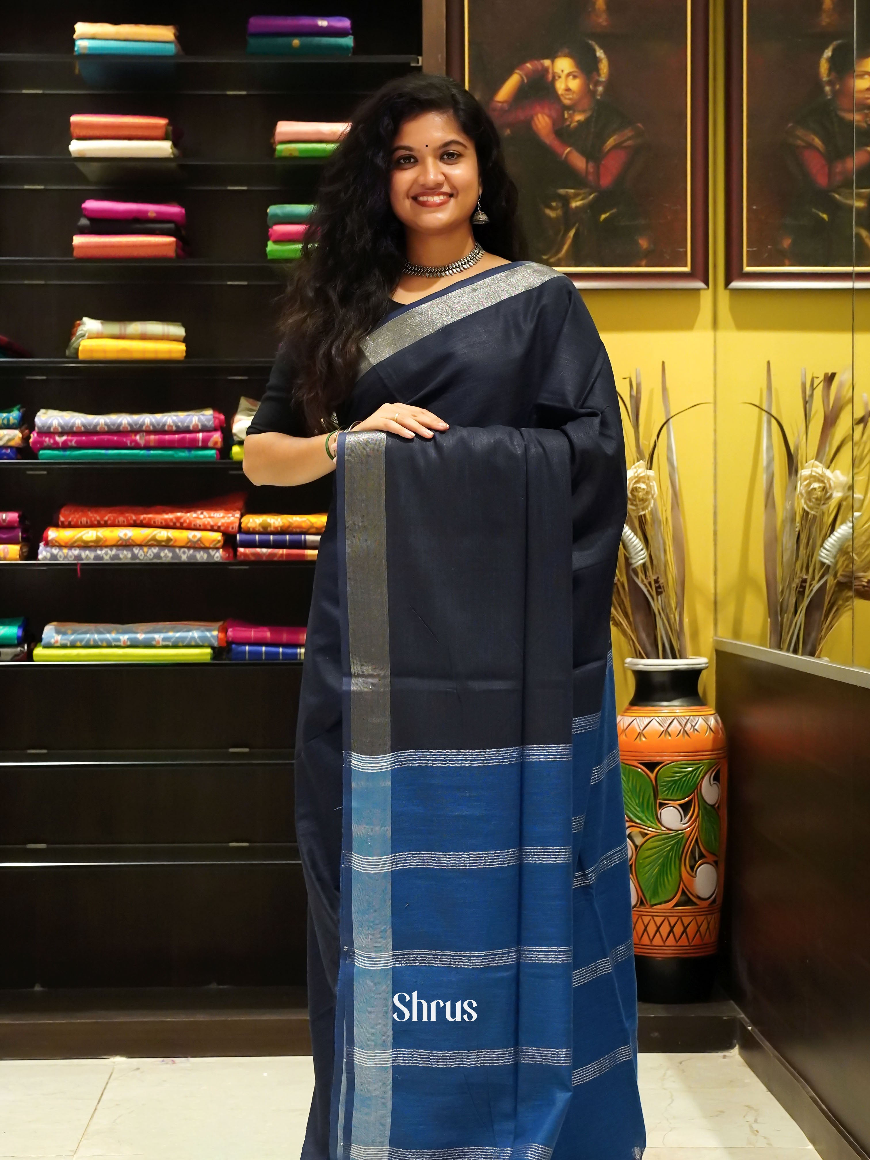 Navy Blue & Blue - Art Linen Saree