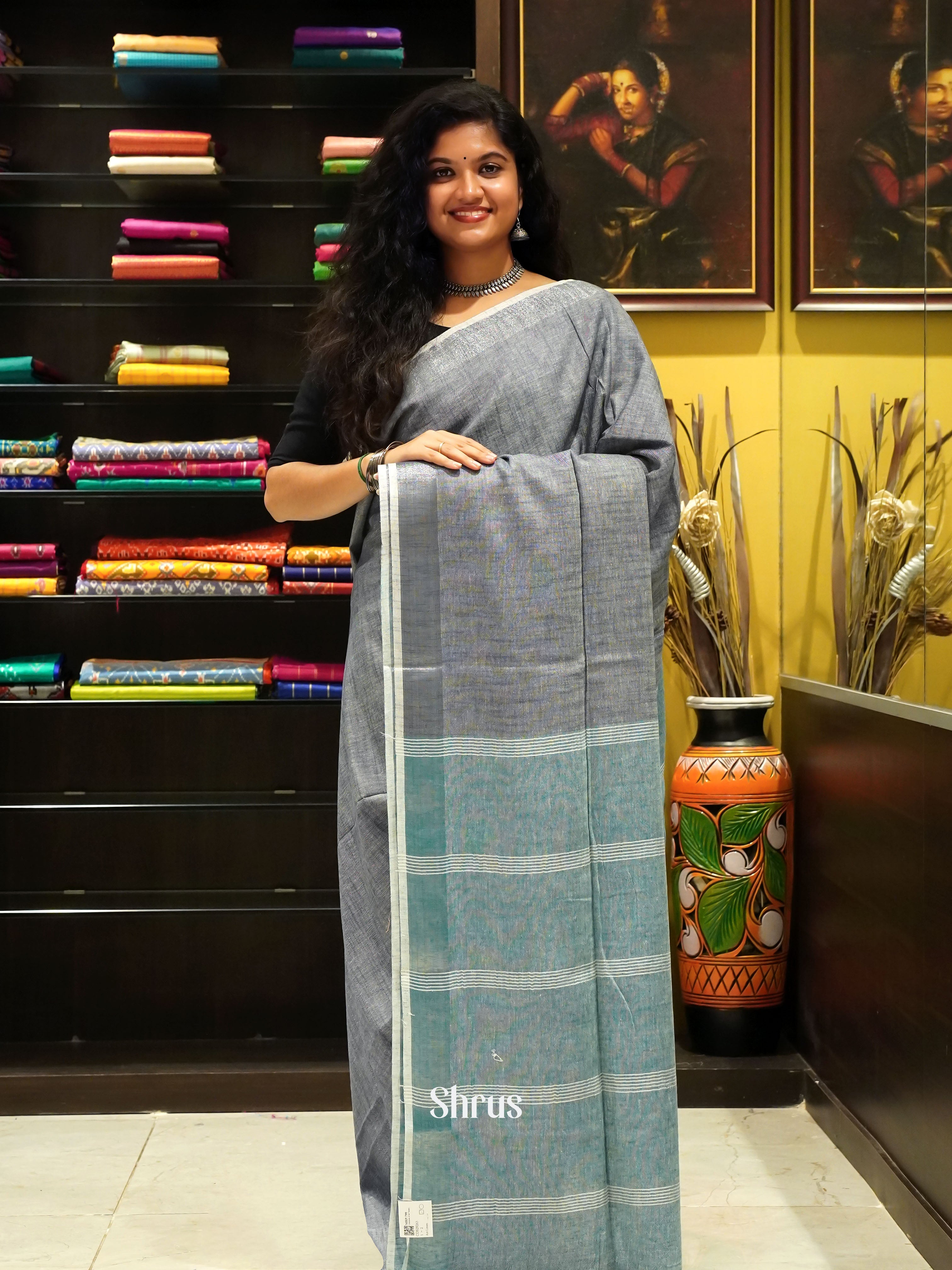 Grey & Blue - Art Linen Saree