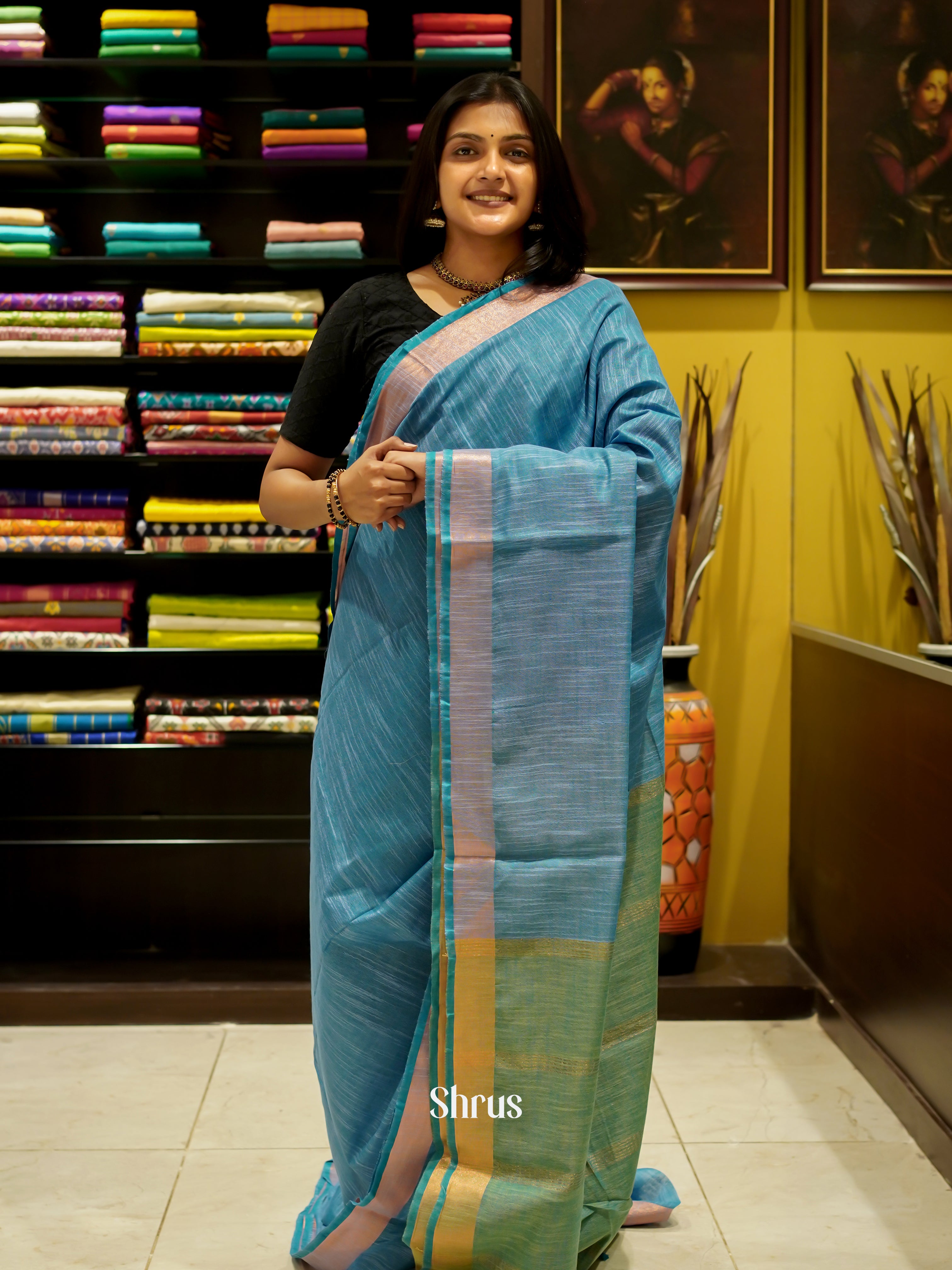 Blue & Green - Art Linen Saree - Shop on ShrusEternity.com