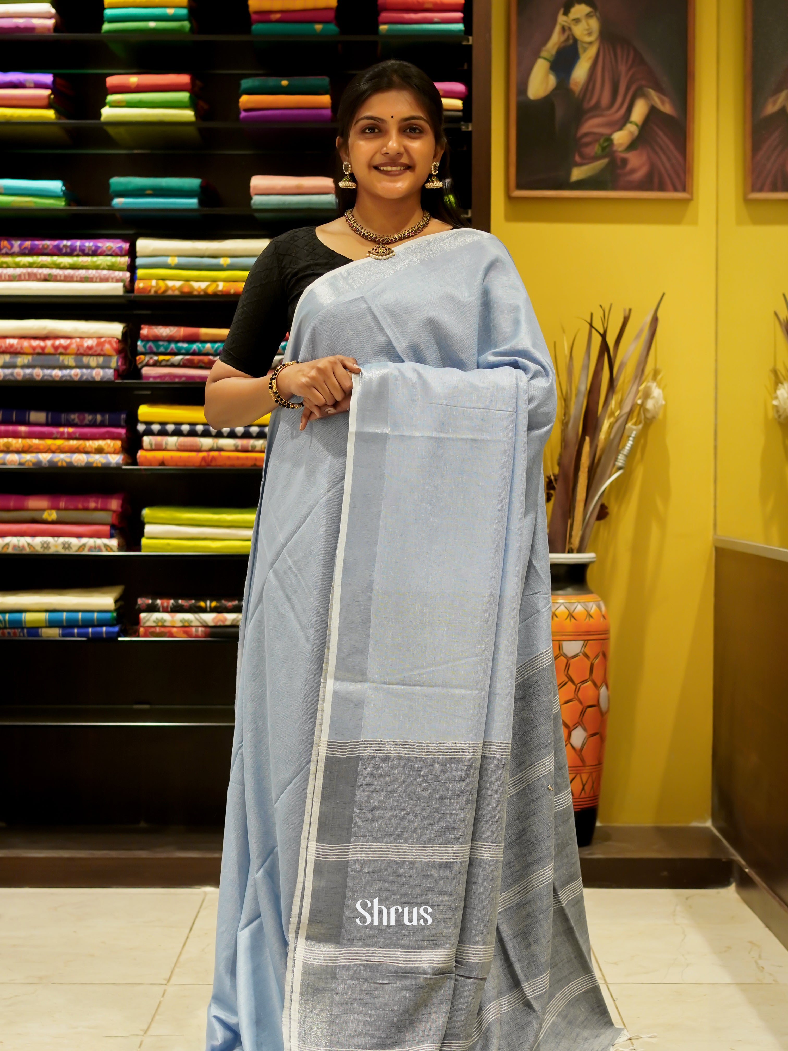 Blue & Grey - Art Linen Saree - Shop on ShrusEternity.com