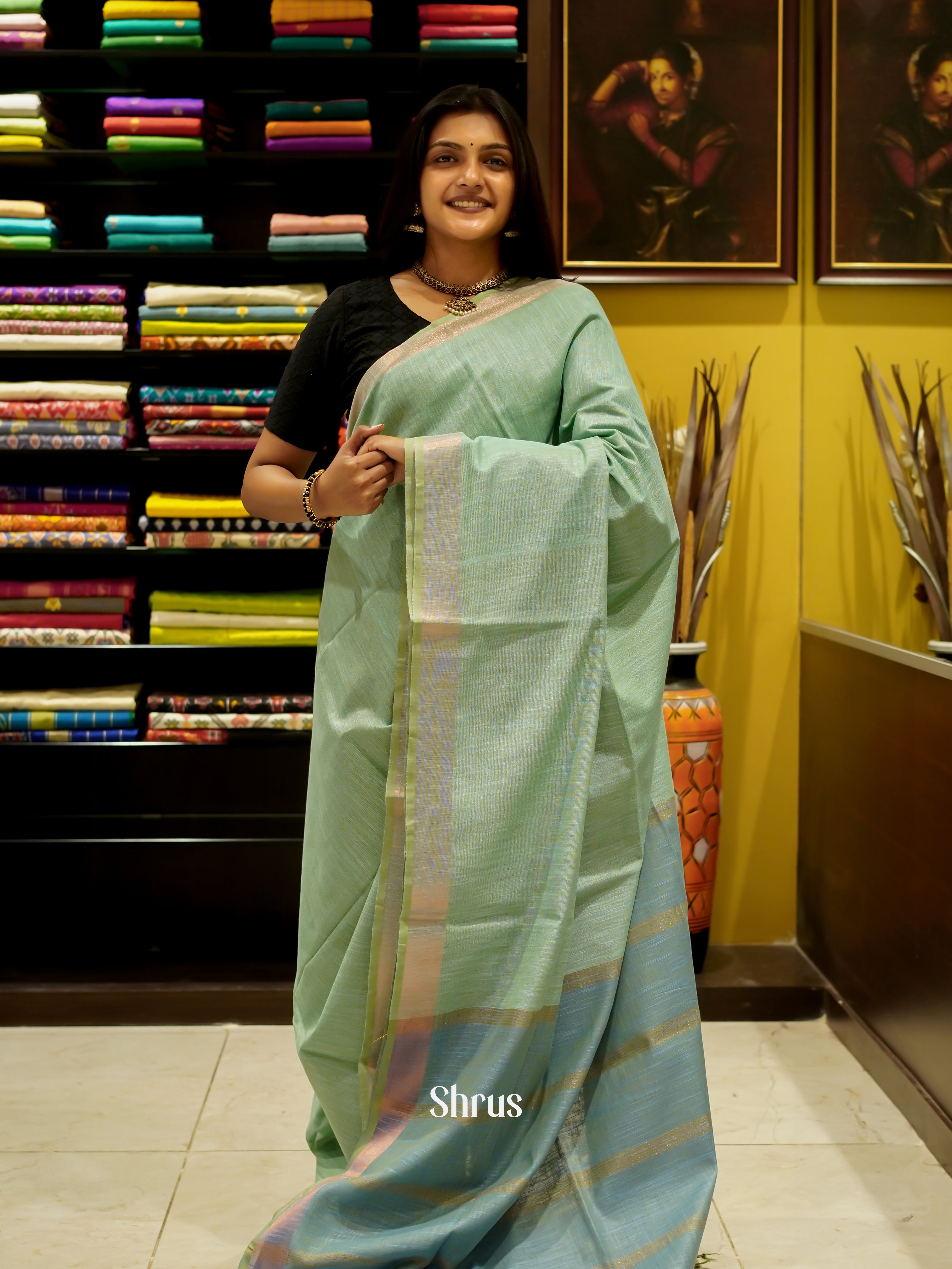 Green & Blue - Art Linen Saree - Shop on ShrusEternity.com