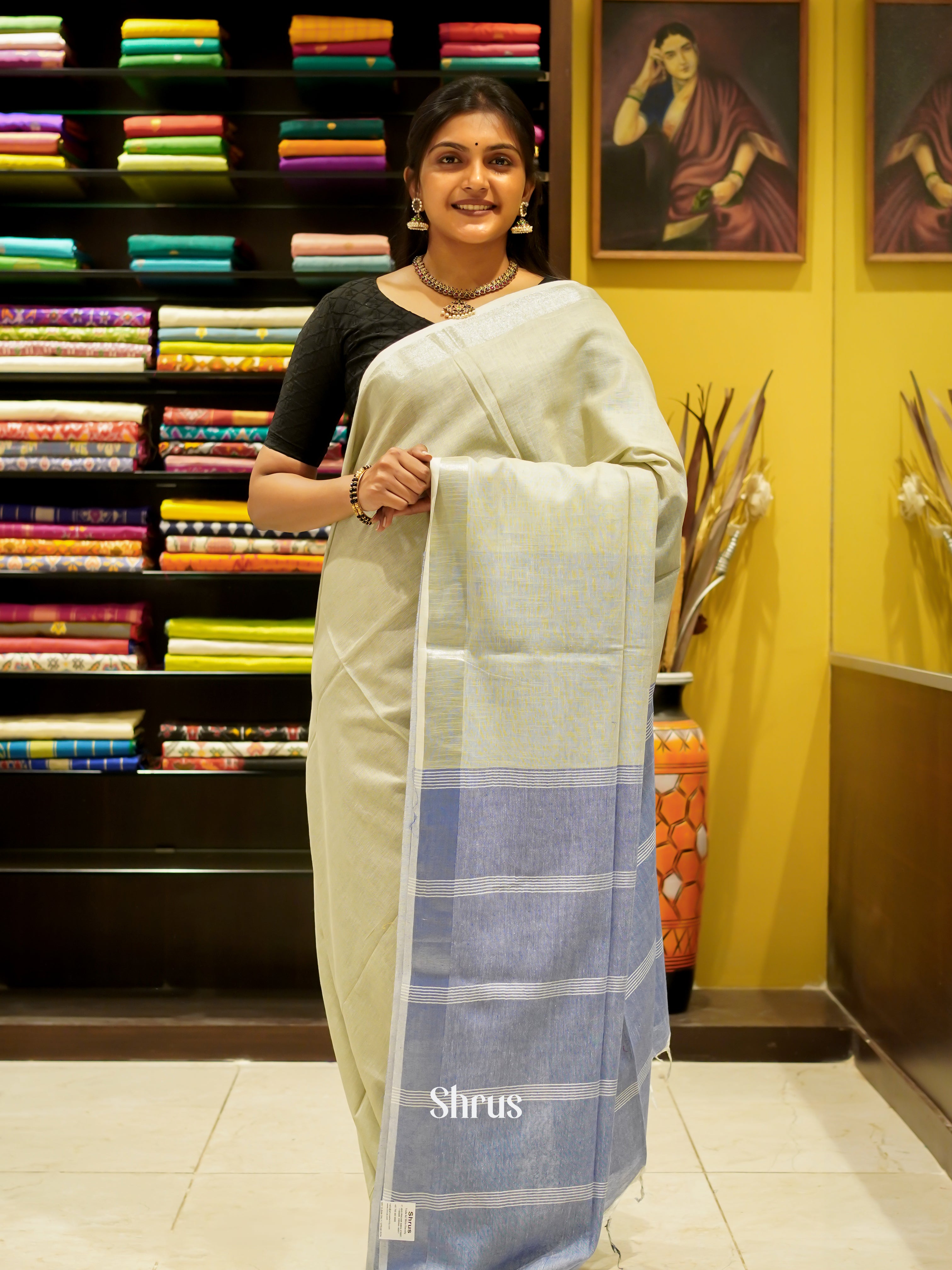 Cream & Purple - Art Linen Saree - Shop on ShrusEternity.com