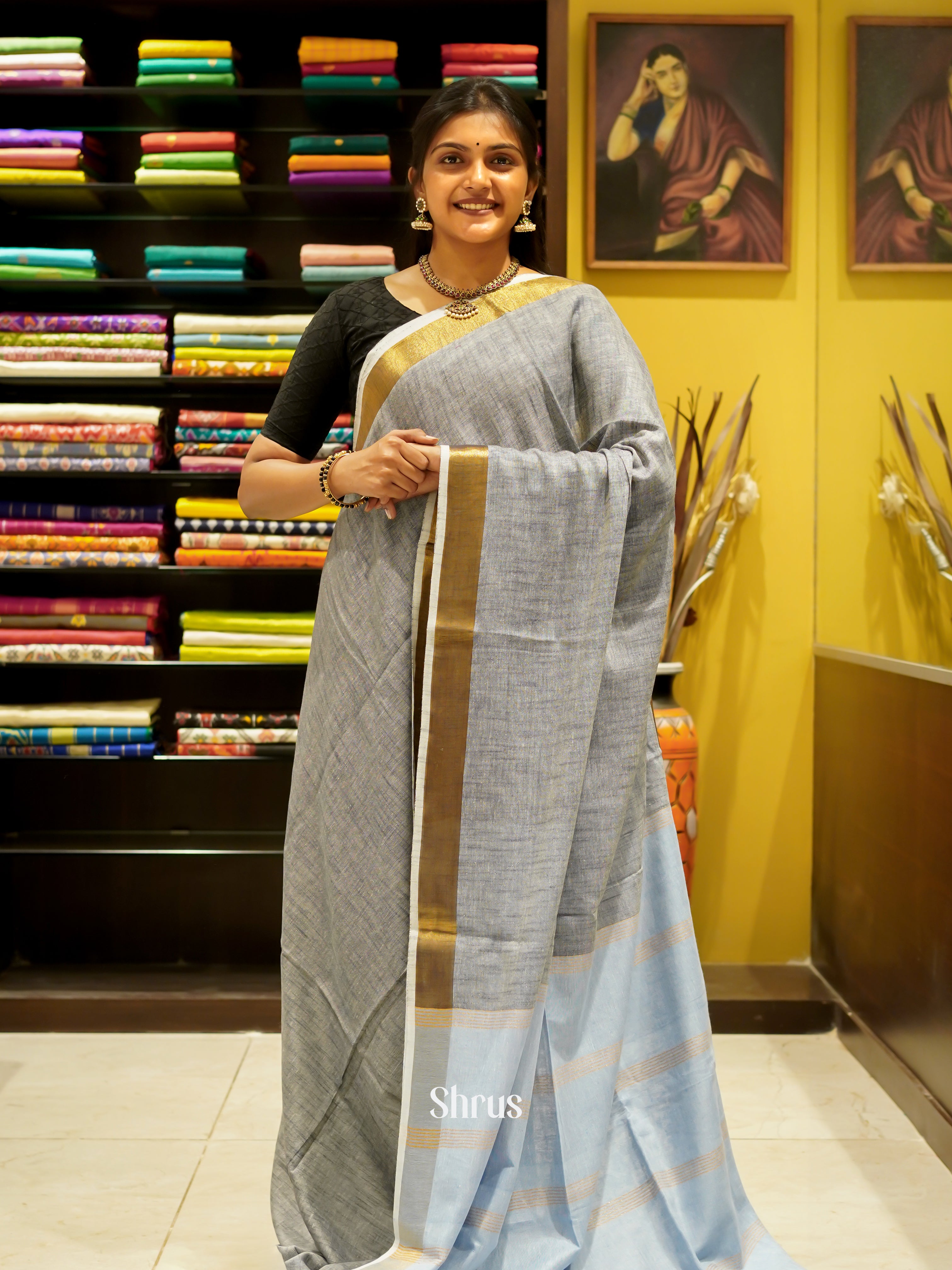 Grey & Blue - Art Linen Saree - Shop on ShrusEternity.com