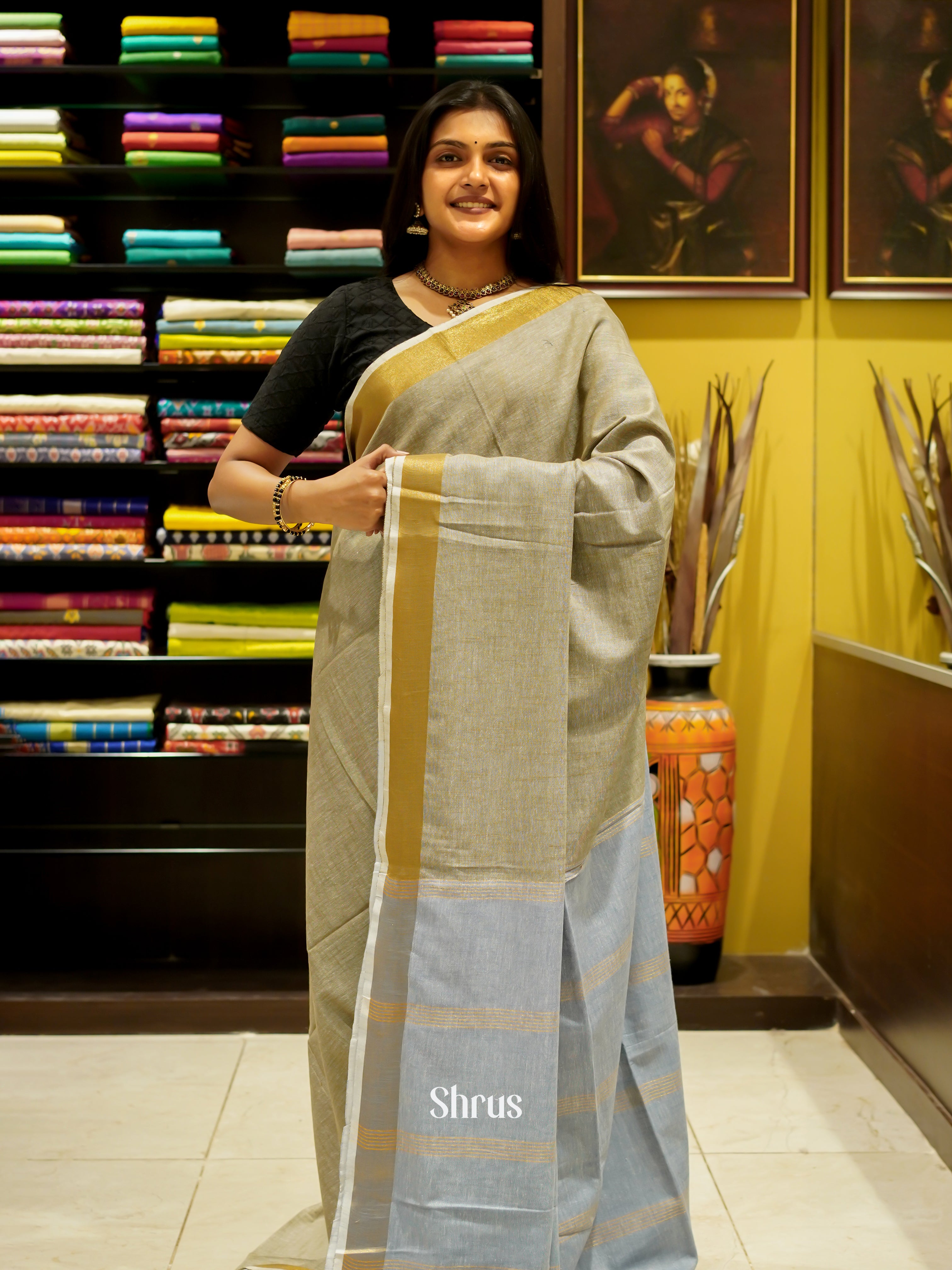 Cream & Grey - Art Linen Saree - Shop on ShrusEternity.com