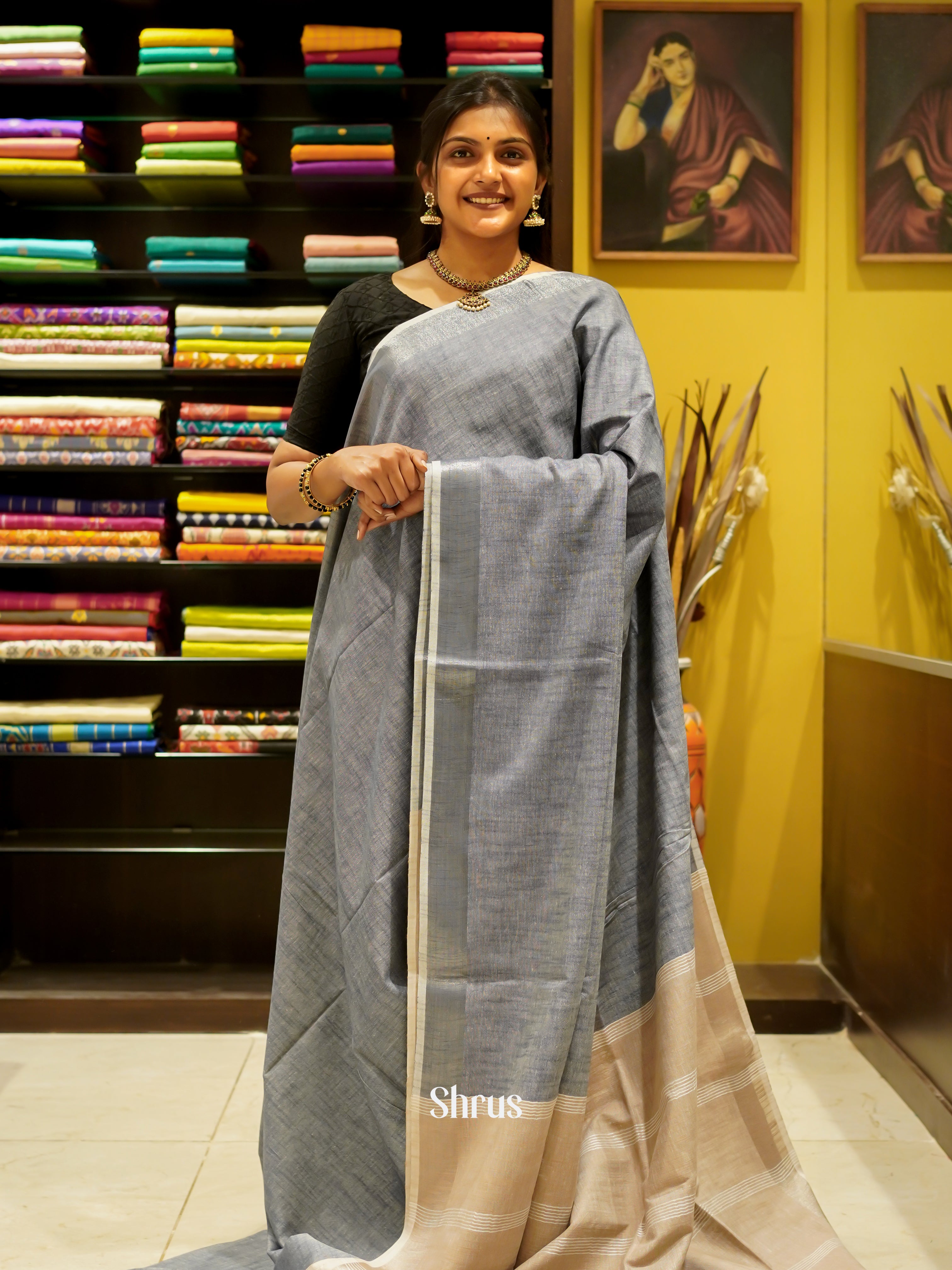 Grey & Cream  - Art Linen Saree - Shop on ShrusEternity.com