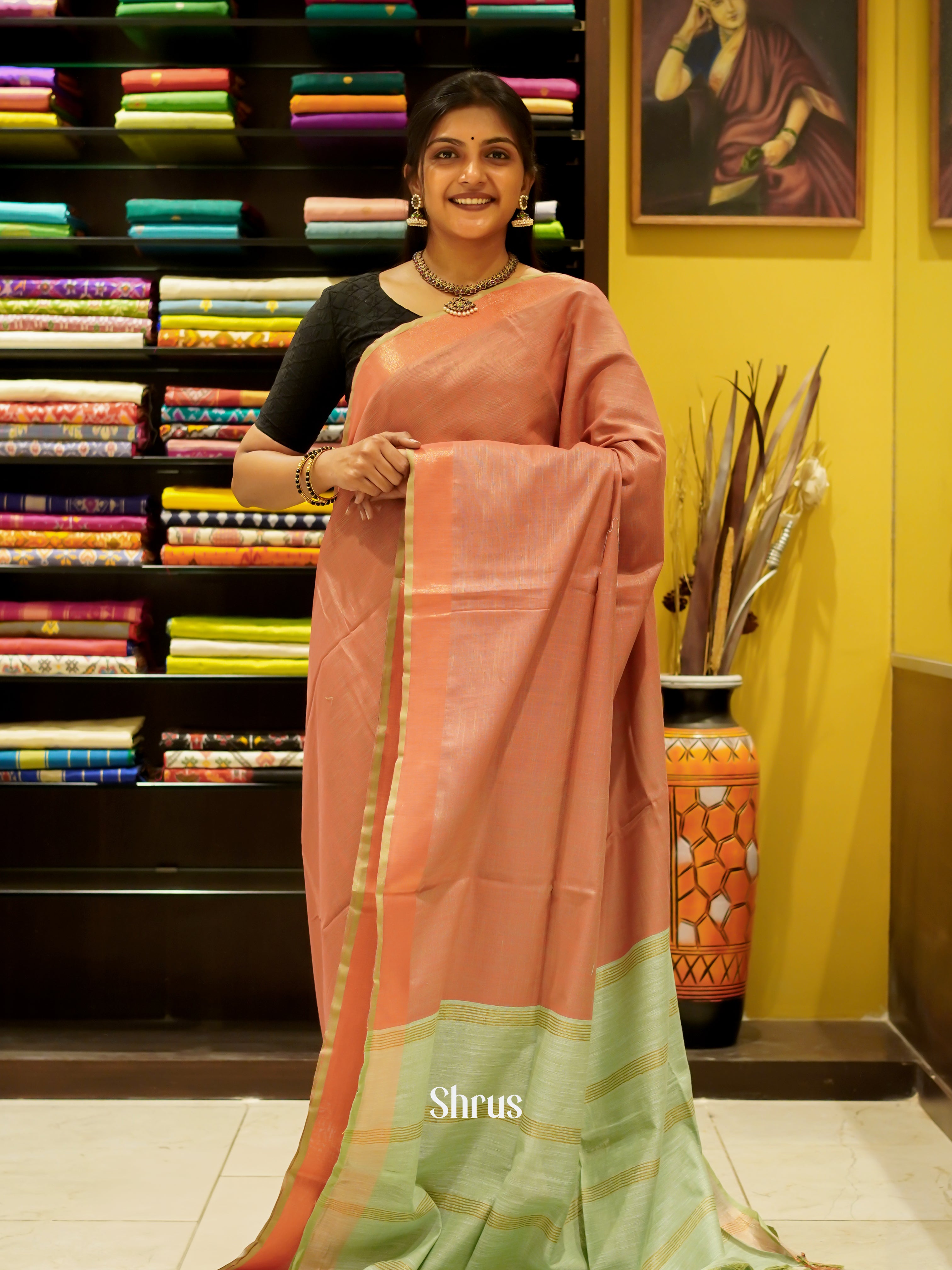 Brown & Green - Art Linen Saree - Shop on ShrusEternity.com