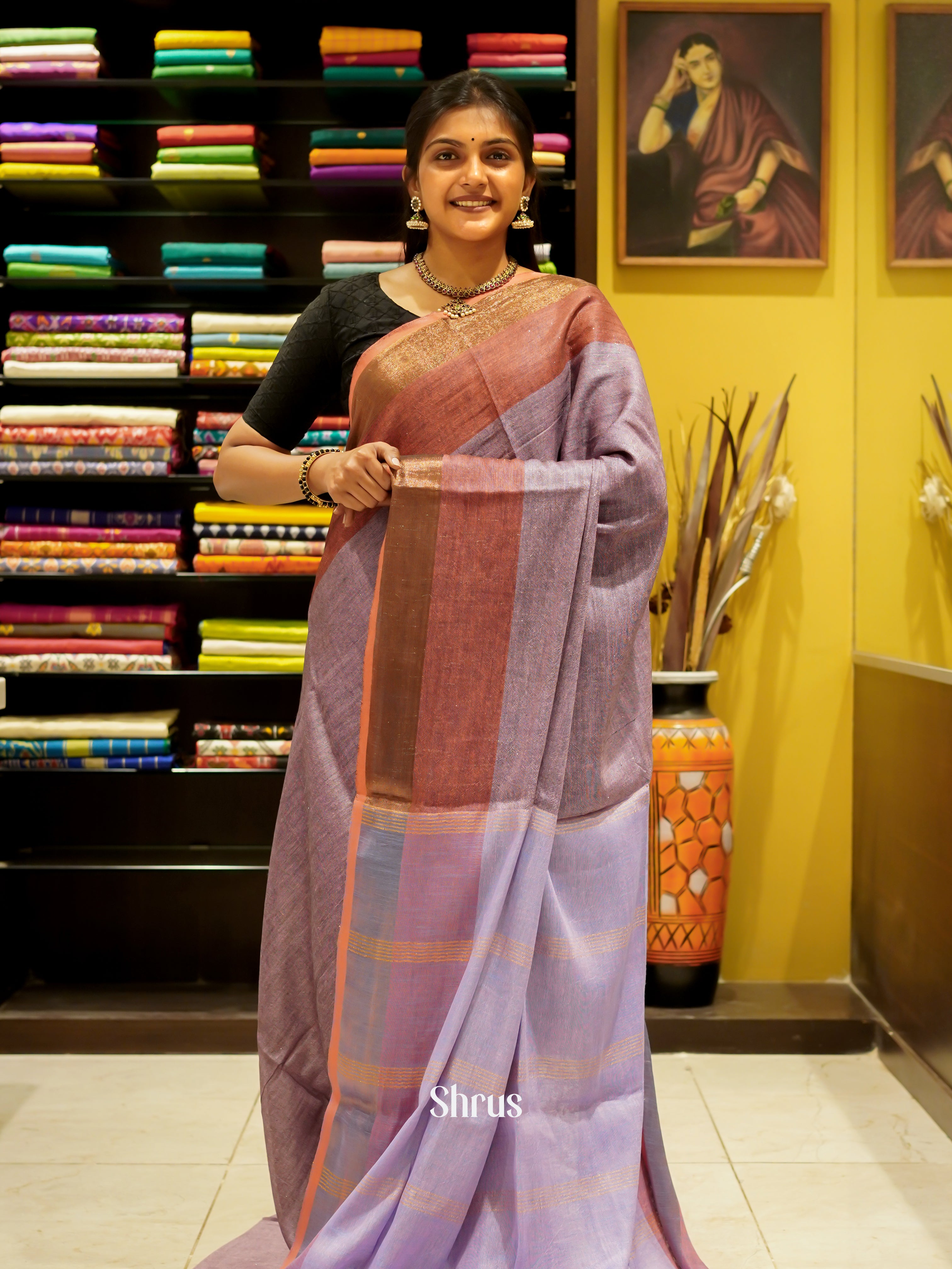 Lavender & Brown - Art Linen Saree - Shop on ShrusEternity.com