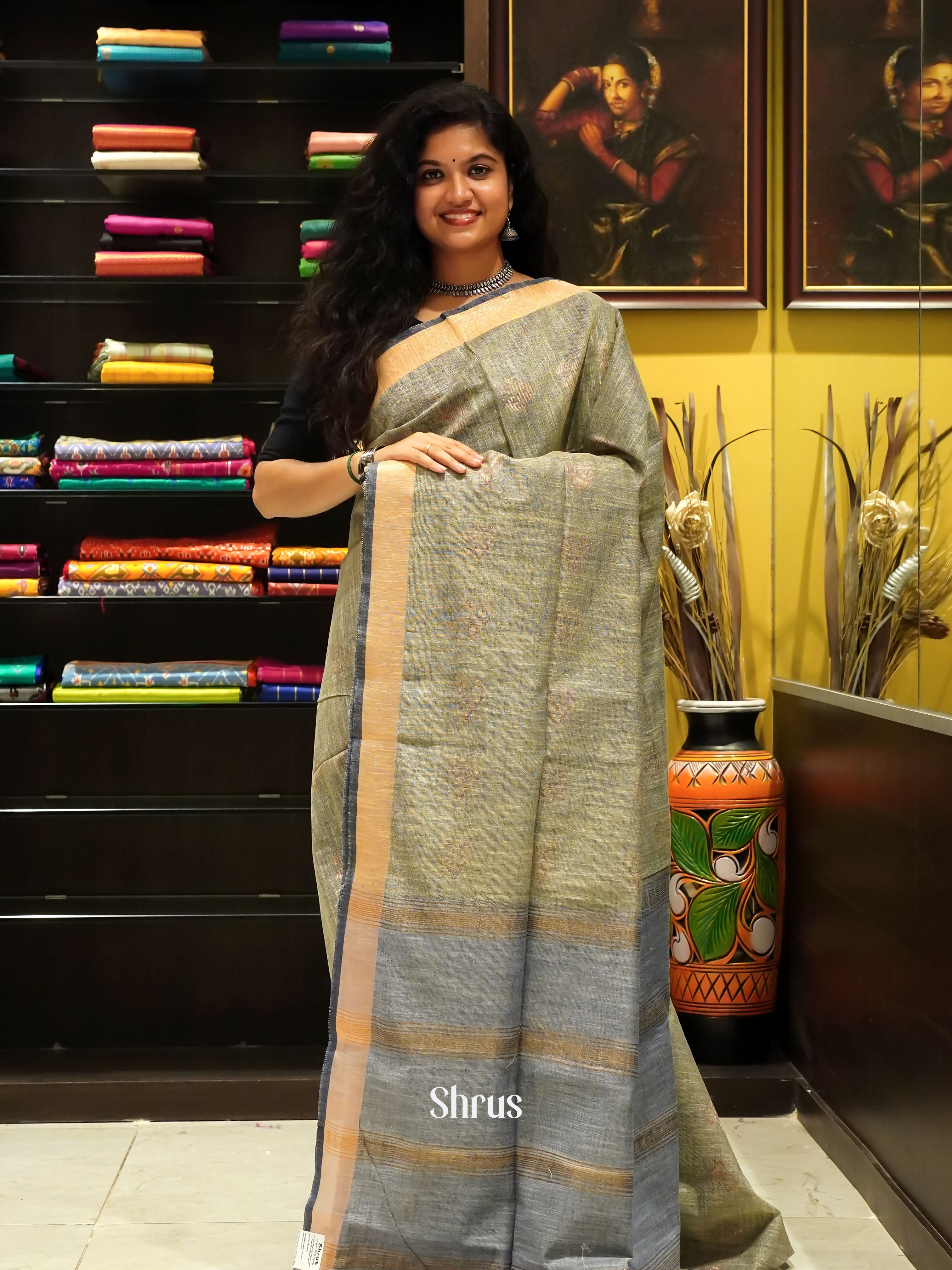 Grey & Blue - Art Linen Saree