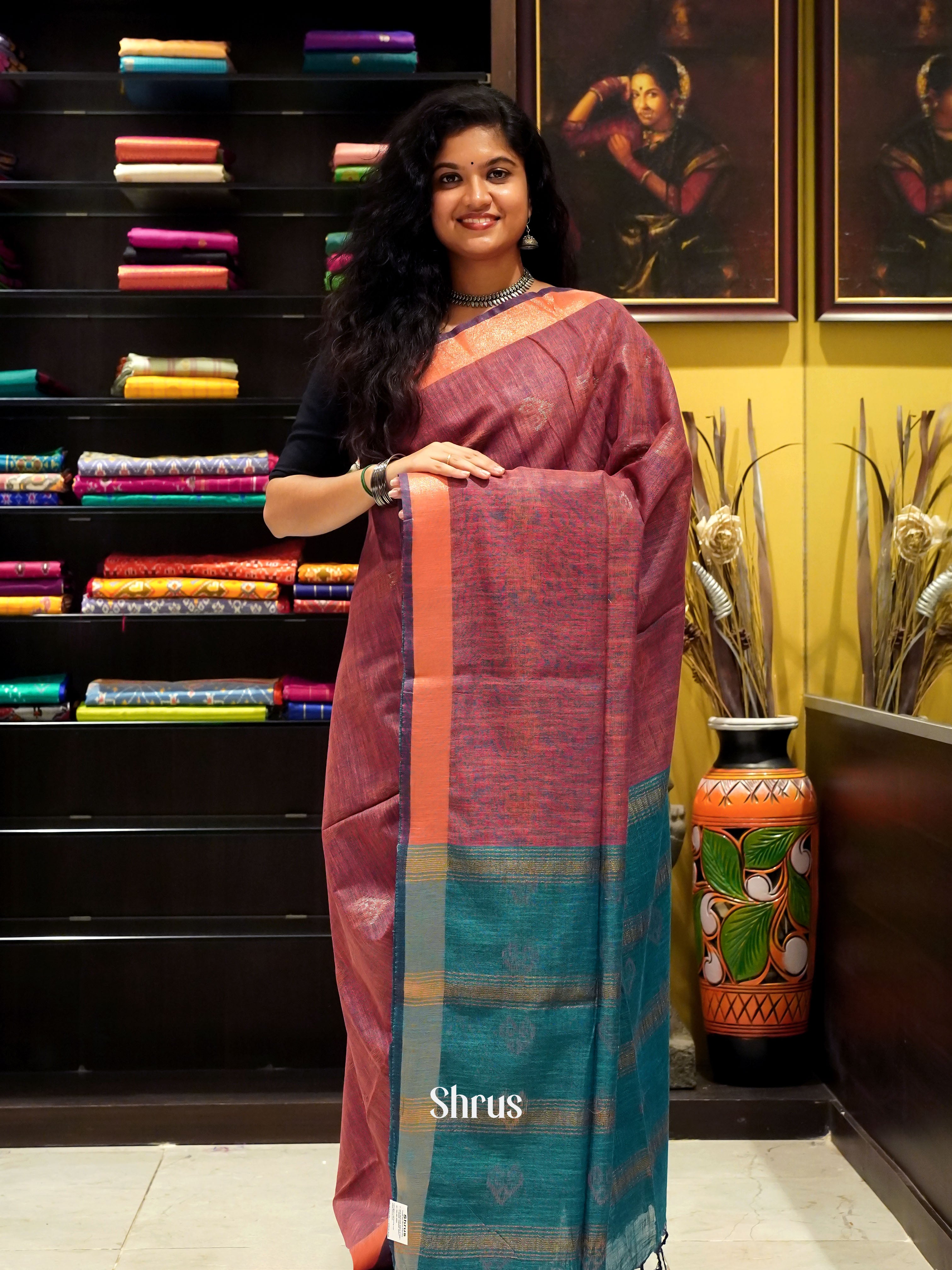 Onion Peel & Green - Art Linen Saree