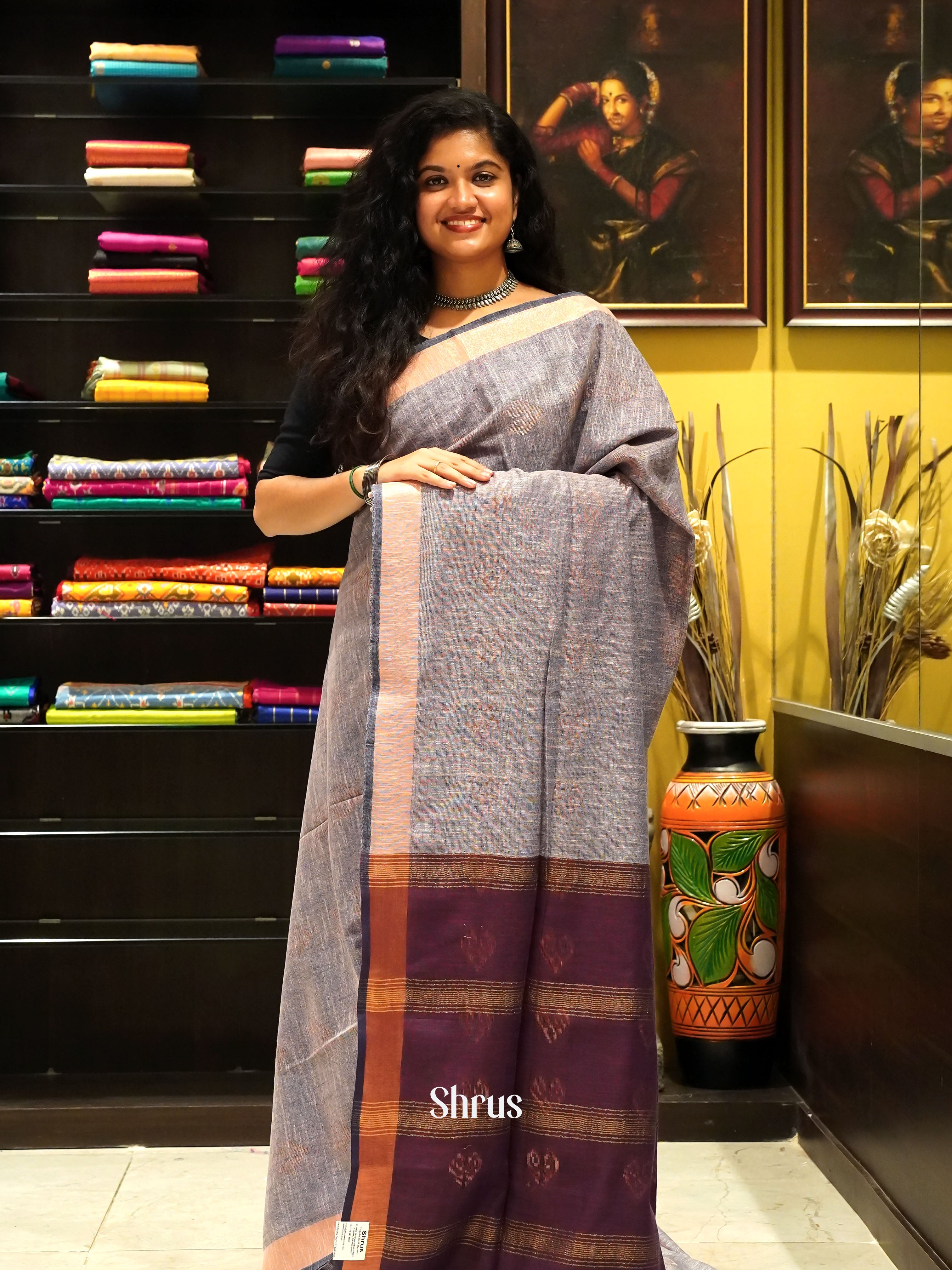 Grey & Purple - Art Linen Saree