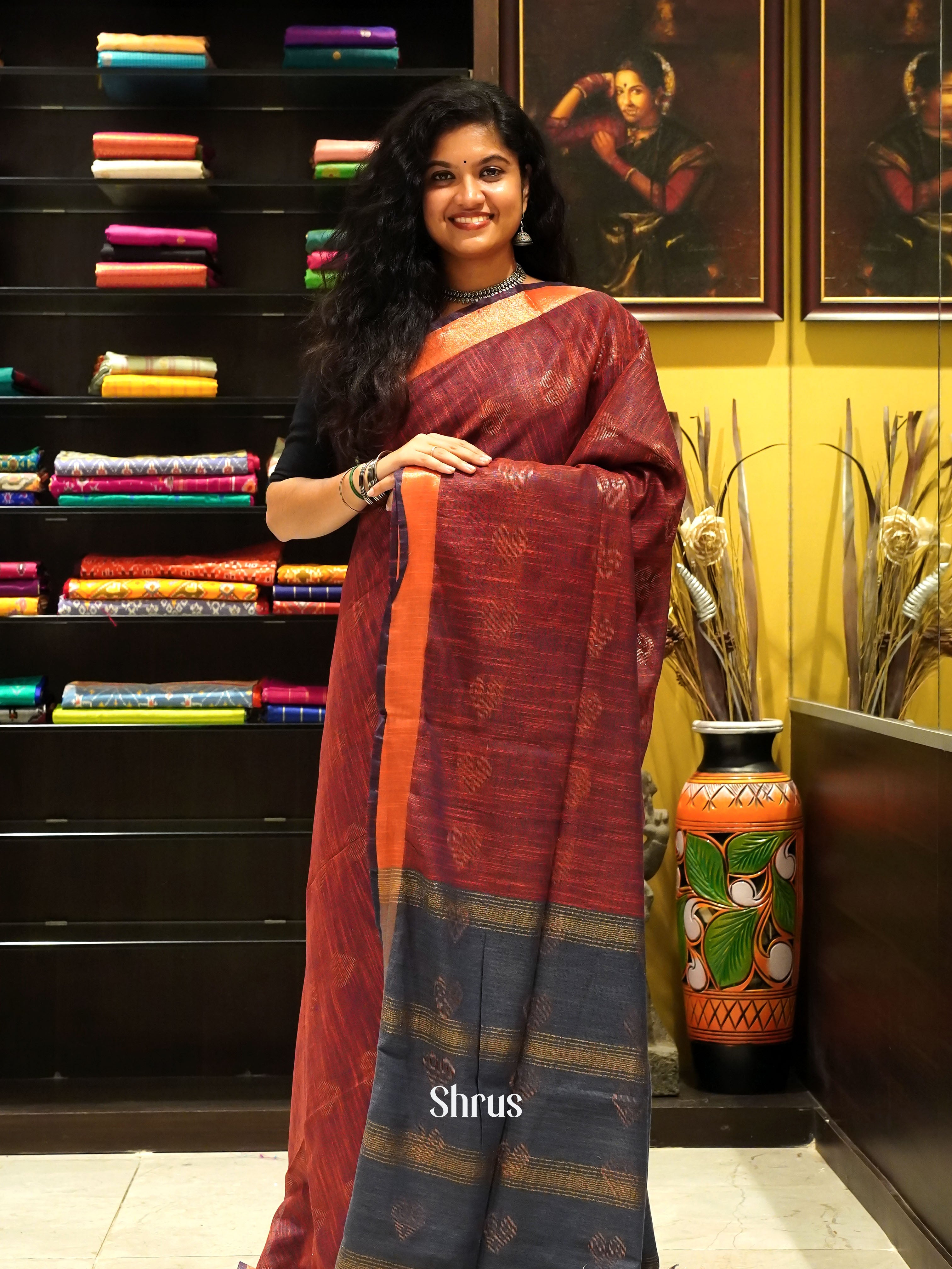 Brown & Grey  - Art Linen Saree