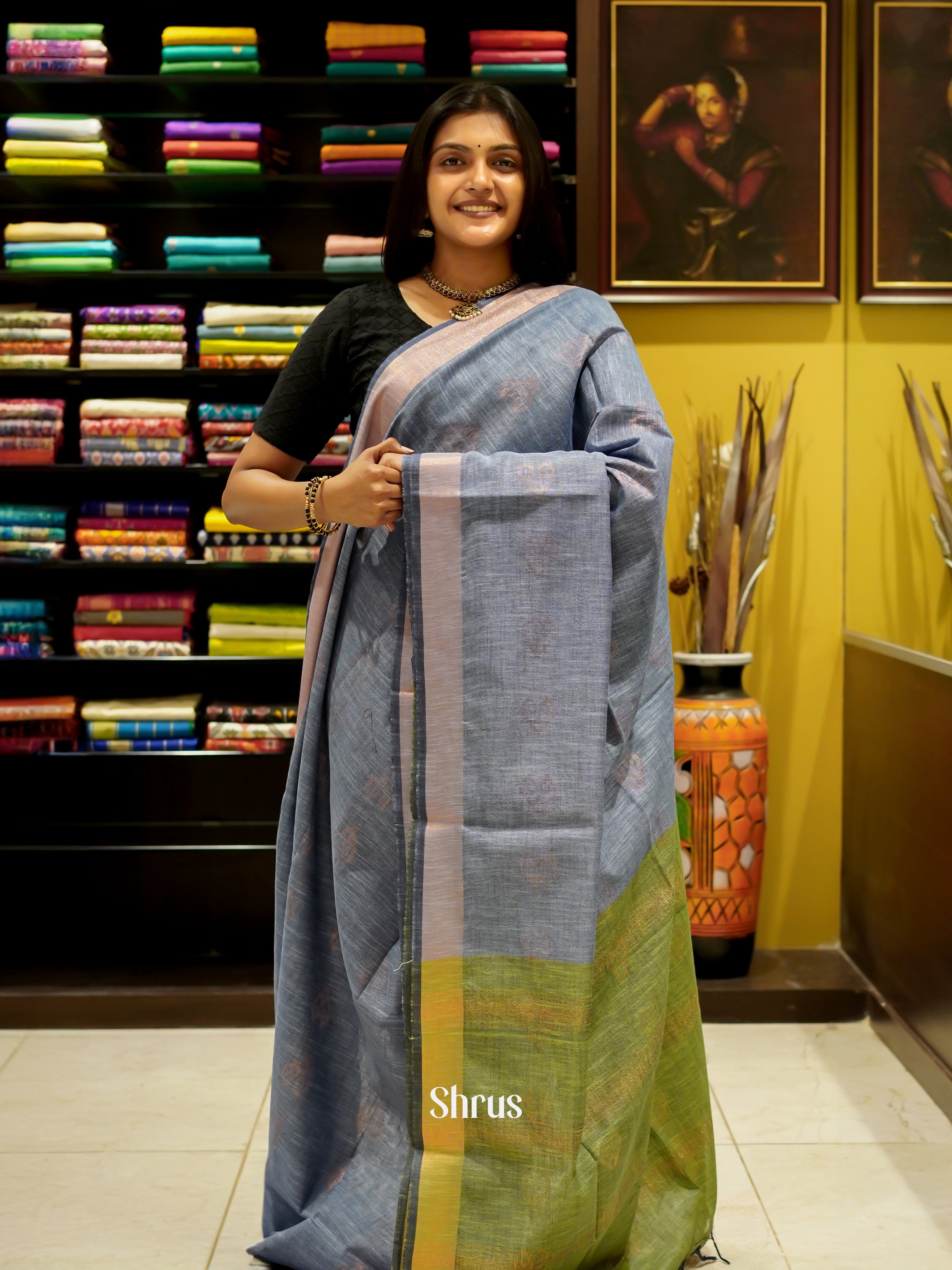 Grey & Green - Art Linen Saree - Shop on ShrusEternity.com