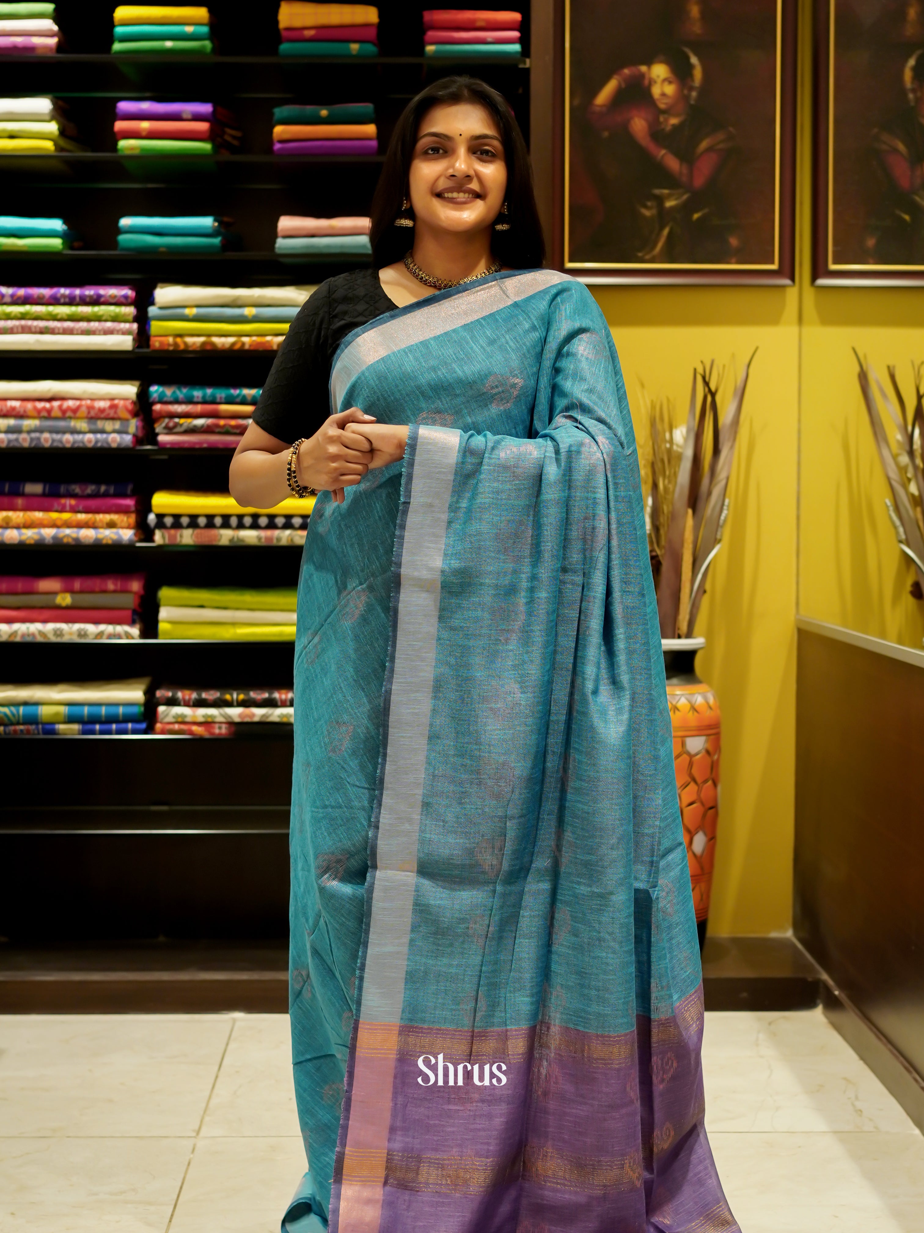 Blue & Purple - Art Linen Saree - Shop on ShrusEternity.com