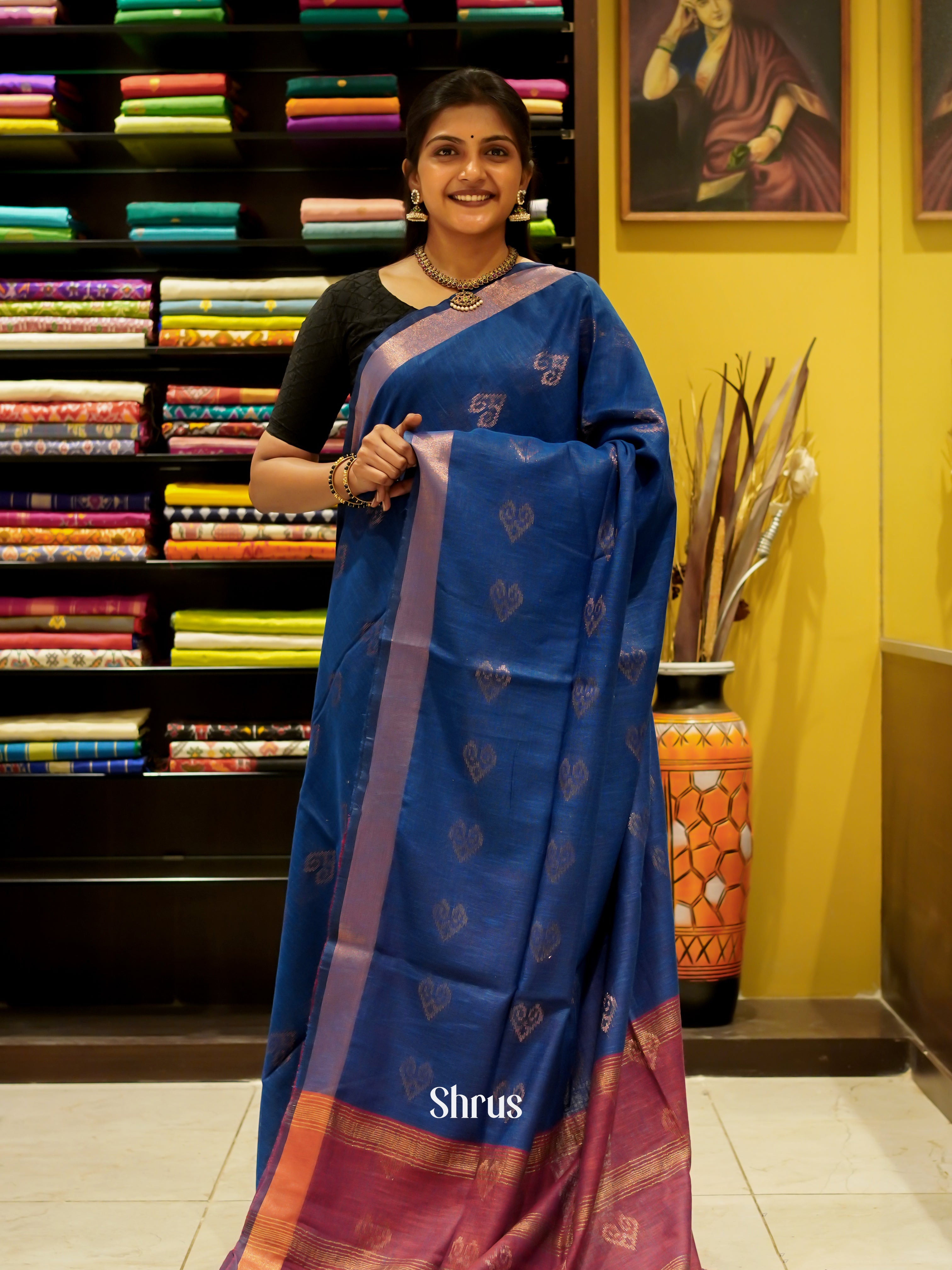 Blue  & Maroon - Art Linen Saree - Shop on ShrusEternity.com