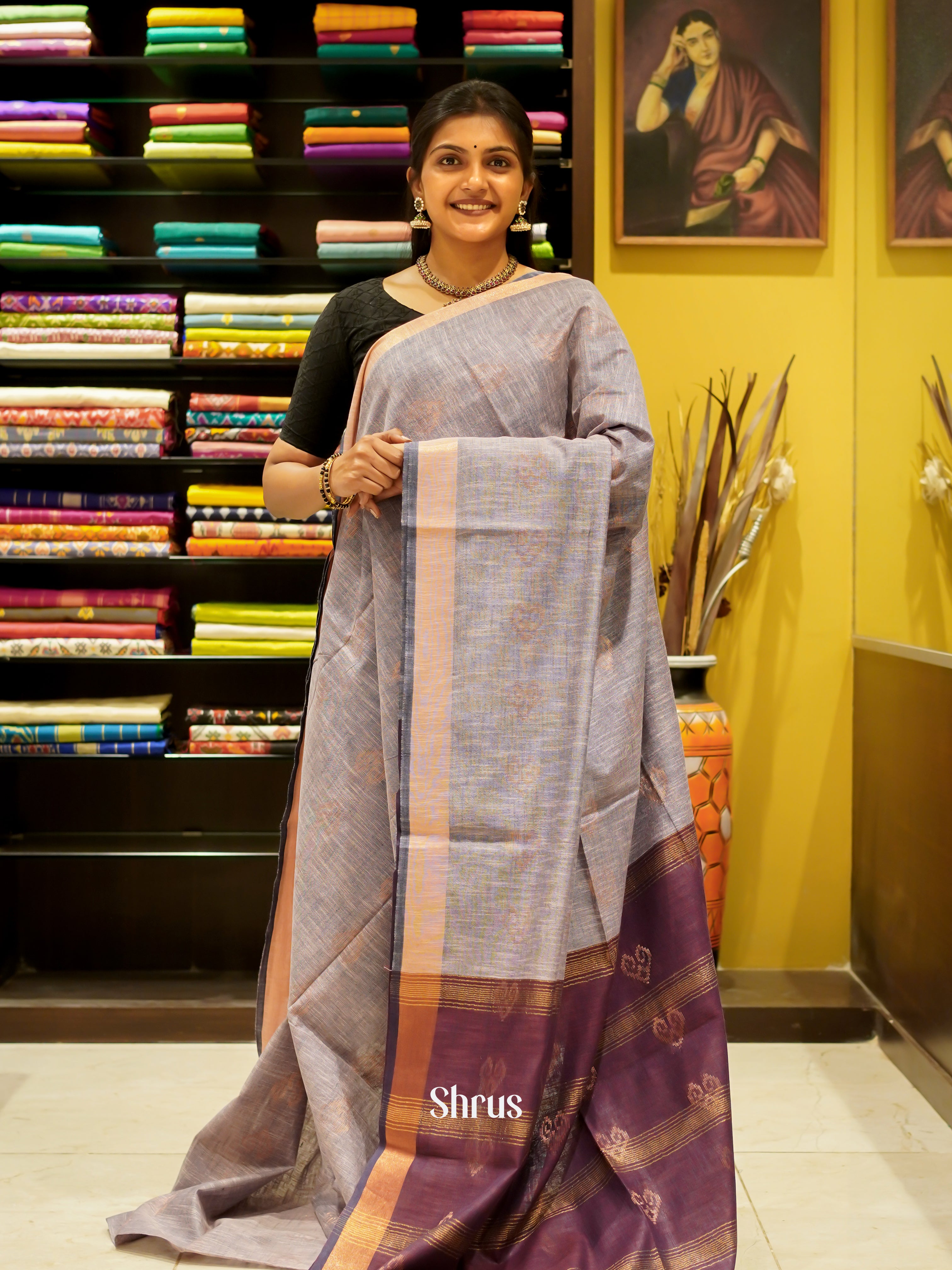 Grey & Wine - Art Linen Saree - Shop on ShrusEternity.com