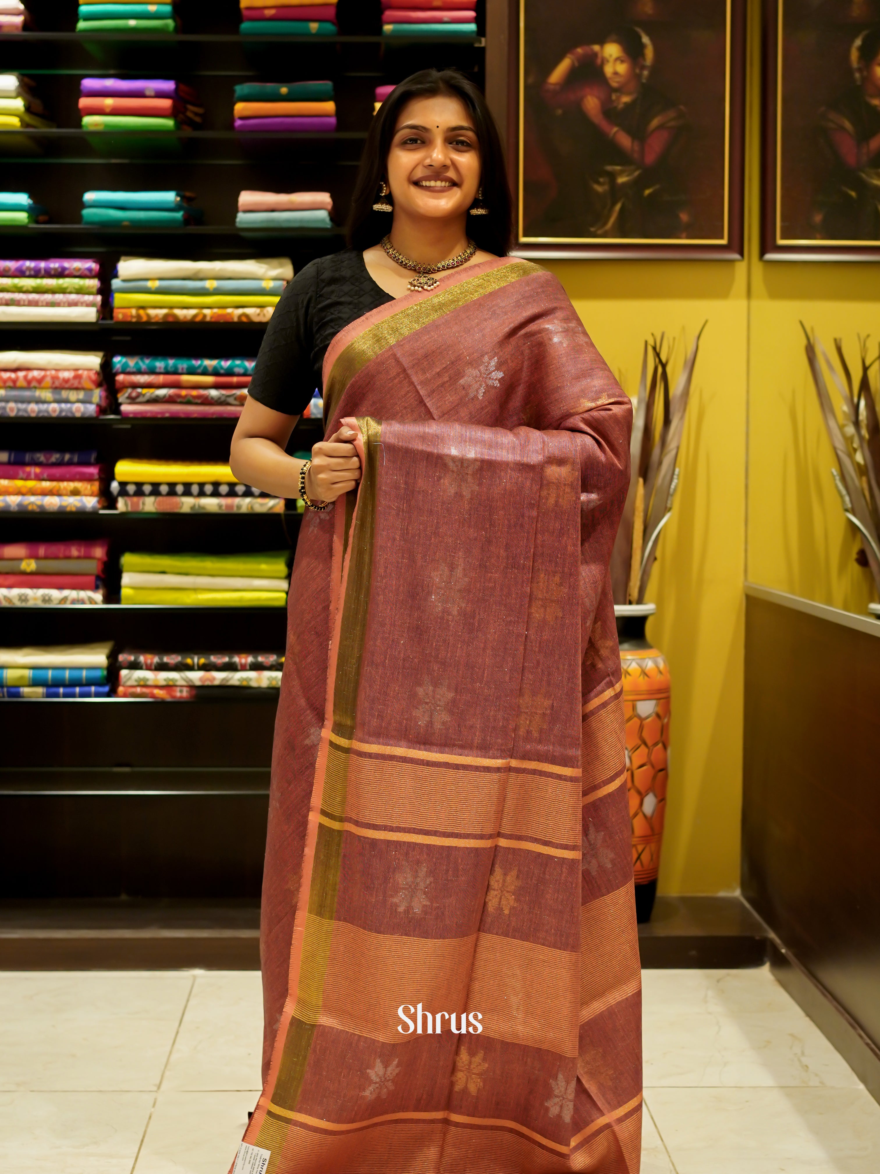 Onion Peel  & Green - Art Linen Saree - Shop on ShrusEternity.com