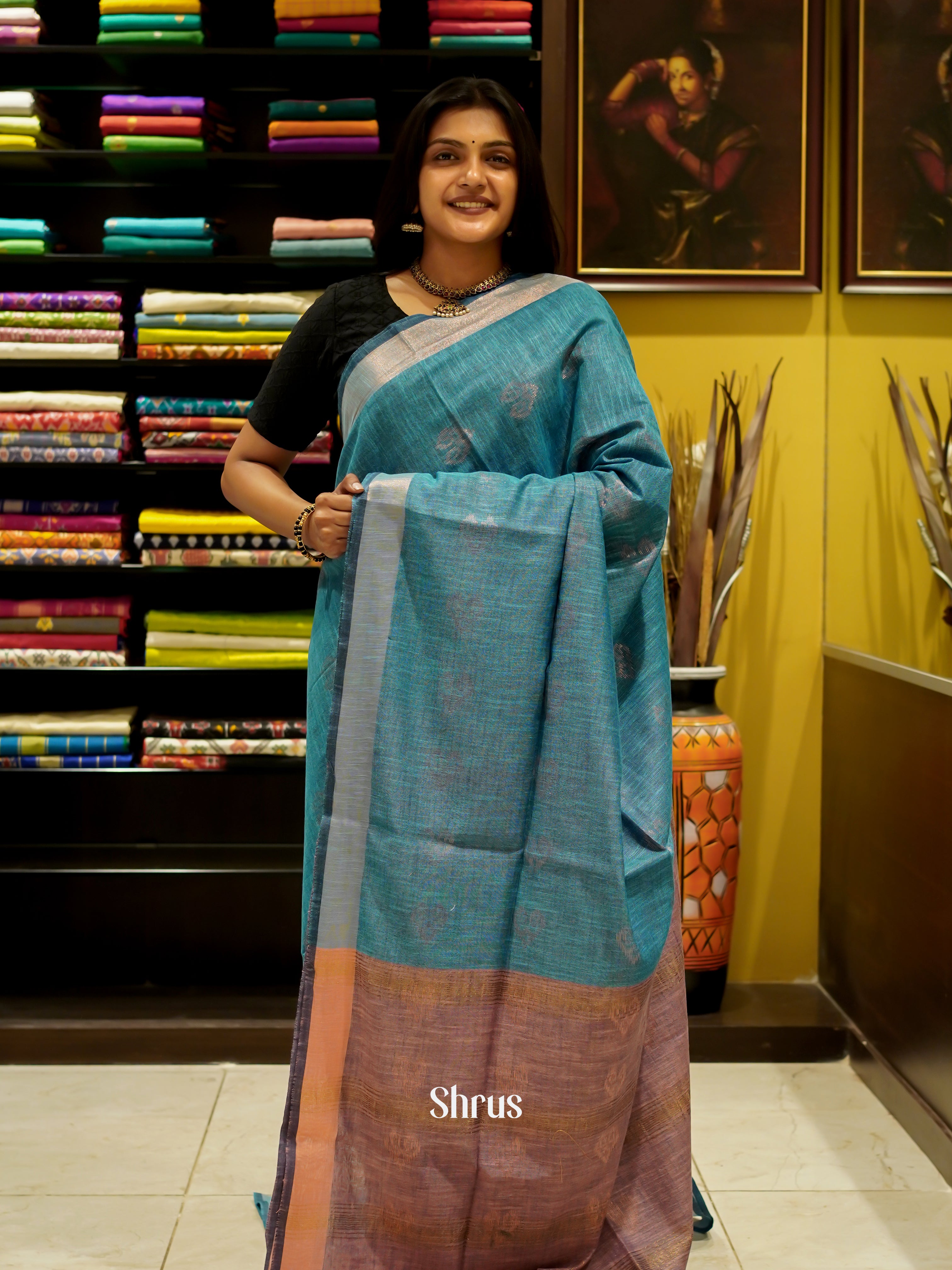 Blue & Dusty pink  - Art Linen Saree - Shop on ShrusEternity.com