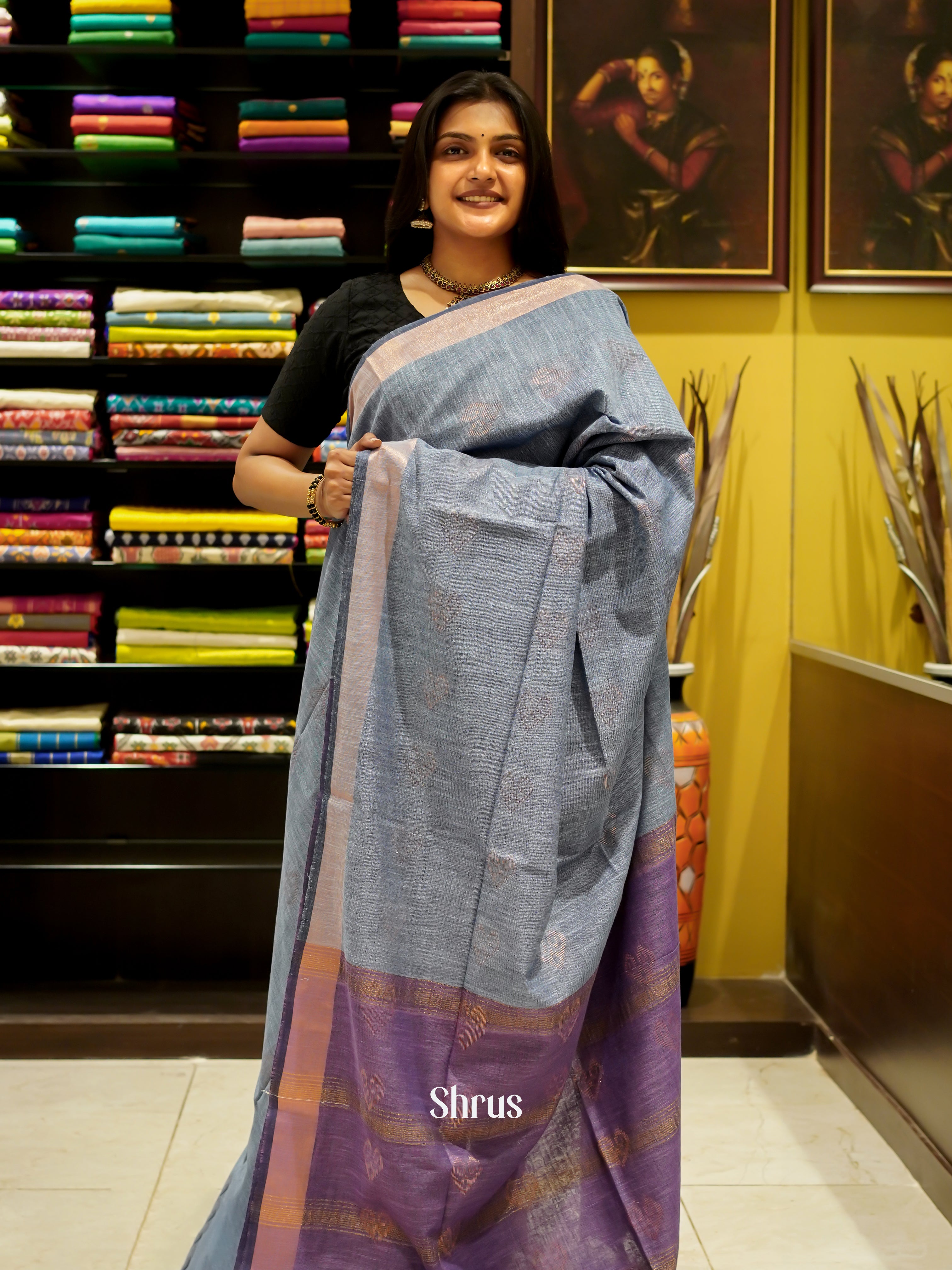 Grey & Purple - Art Linen Saree - Shop on ShrusEternity.com