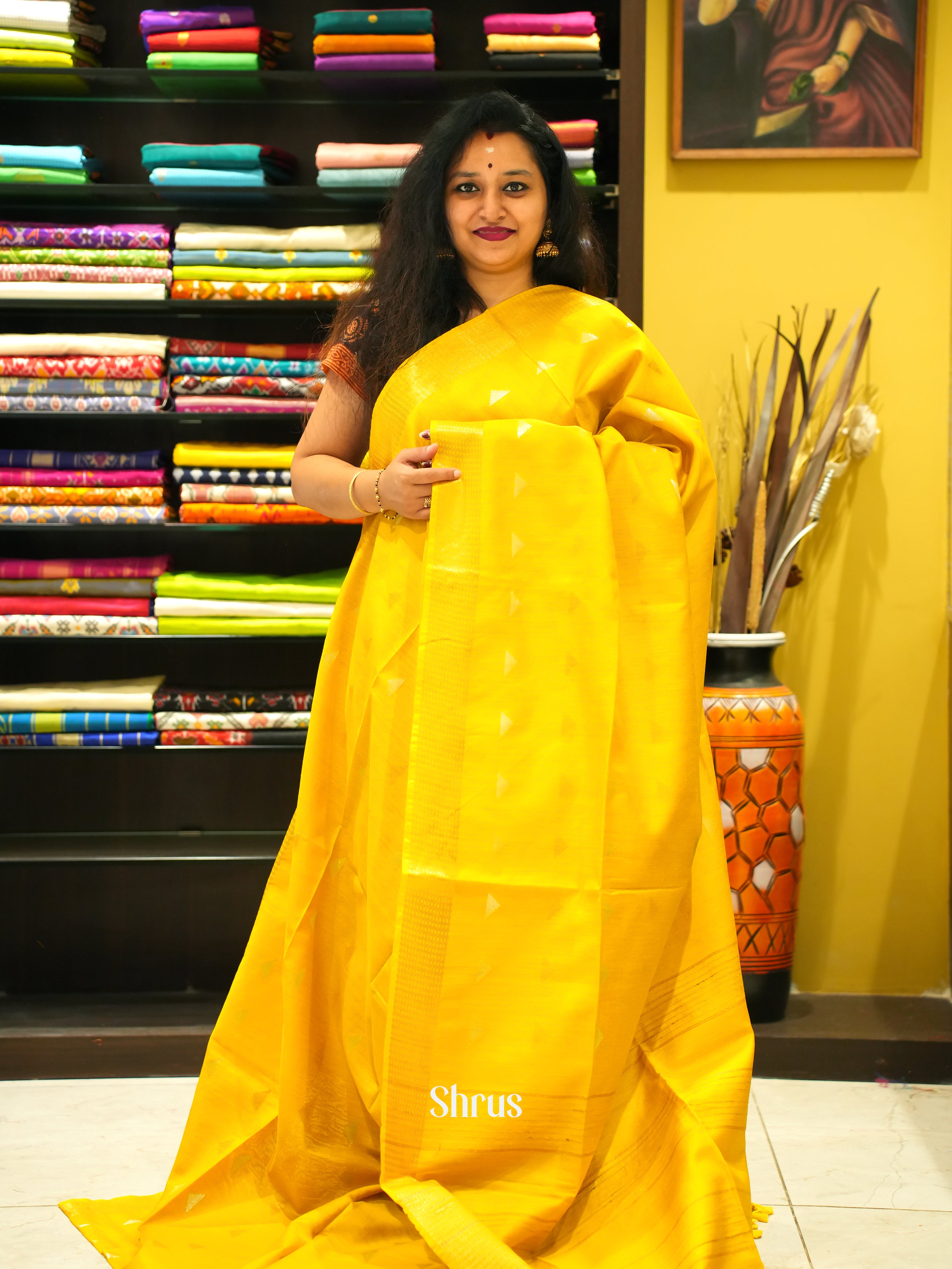 Yellow(Single Tone) - Semi Tussar Saree - Shop on ShrusEternity.com