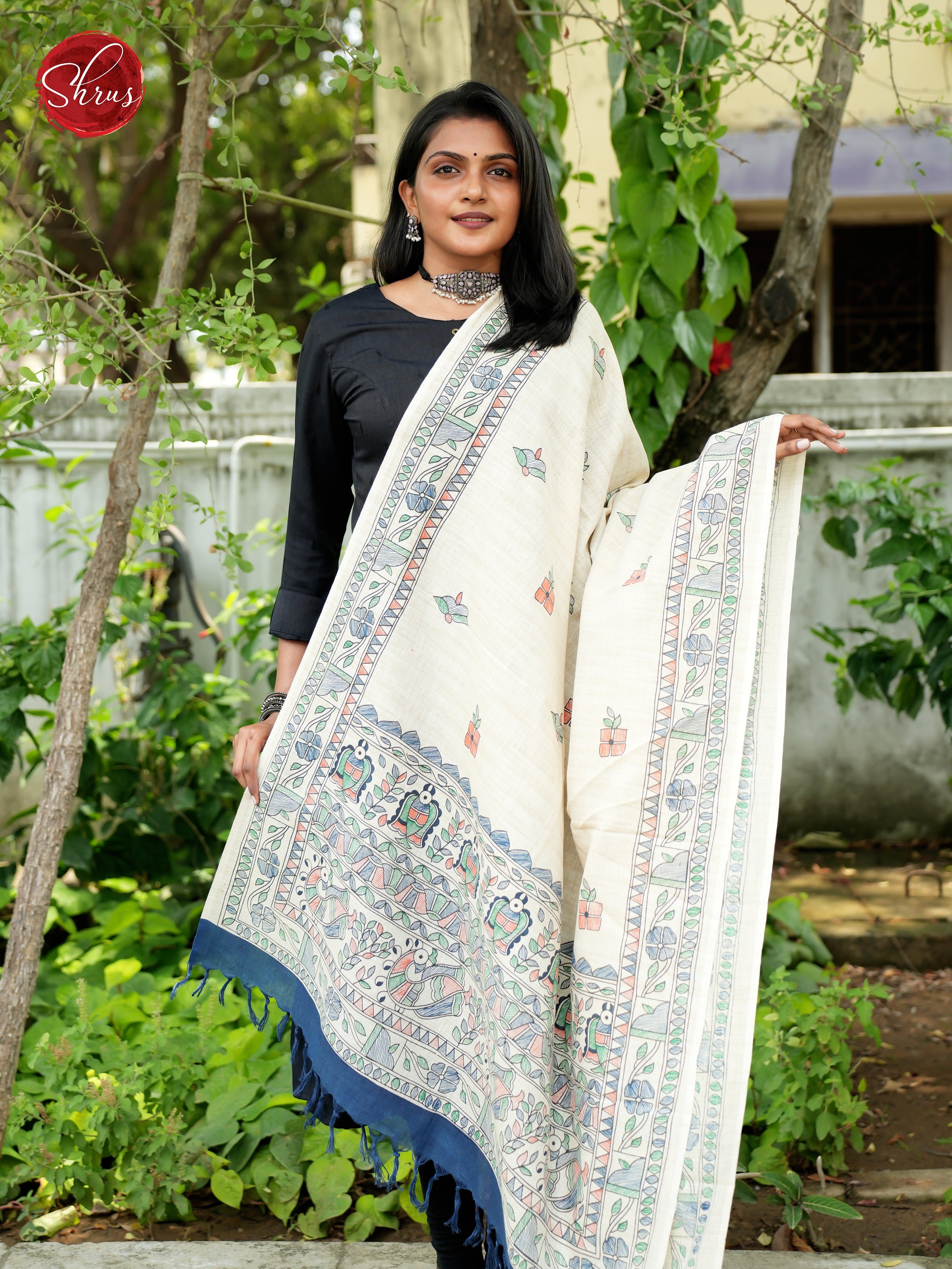 Cream & Blue - Madhubani Printed Cotton Dupatta - Shop on ShrusEternity.com
