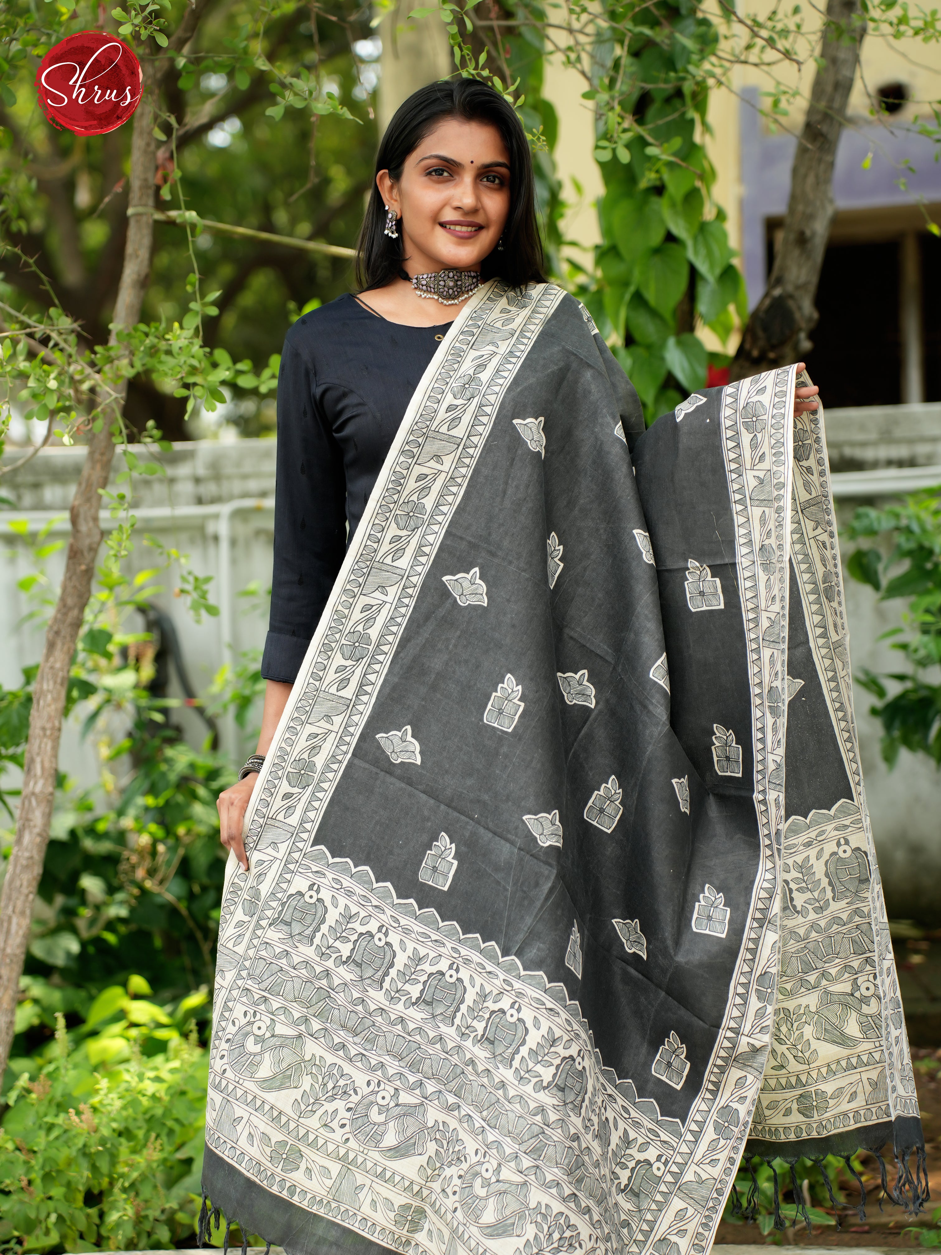 Black & Cream - Madhubani Printed Cotton Dupatta