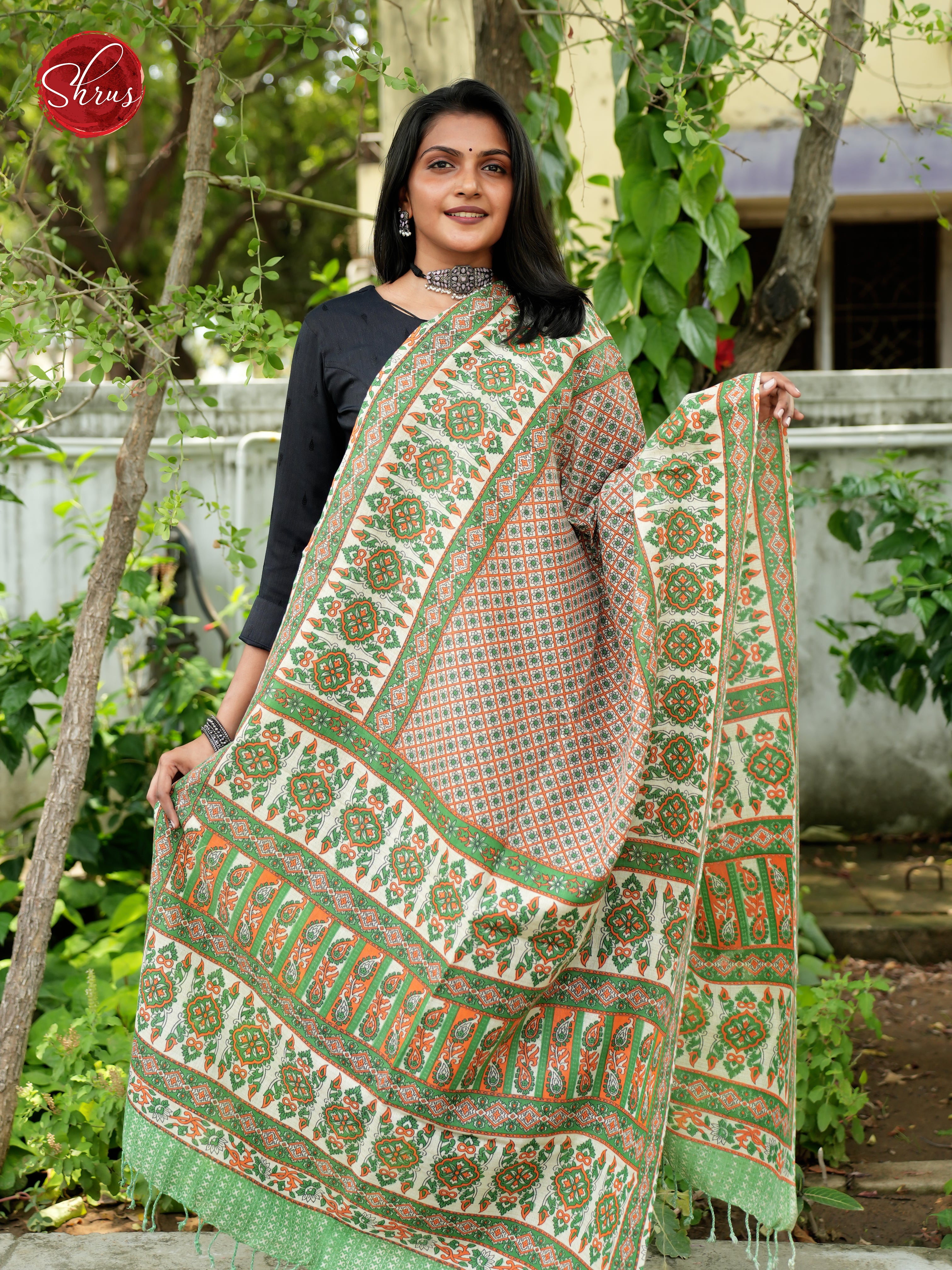 Cream & Green - Madhubani Printed Cotton Dupatta - Shop on ShrusEternity.com