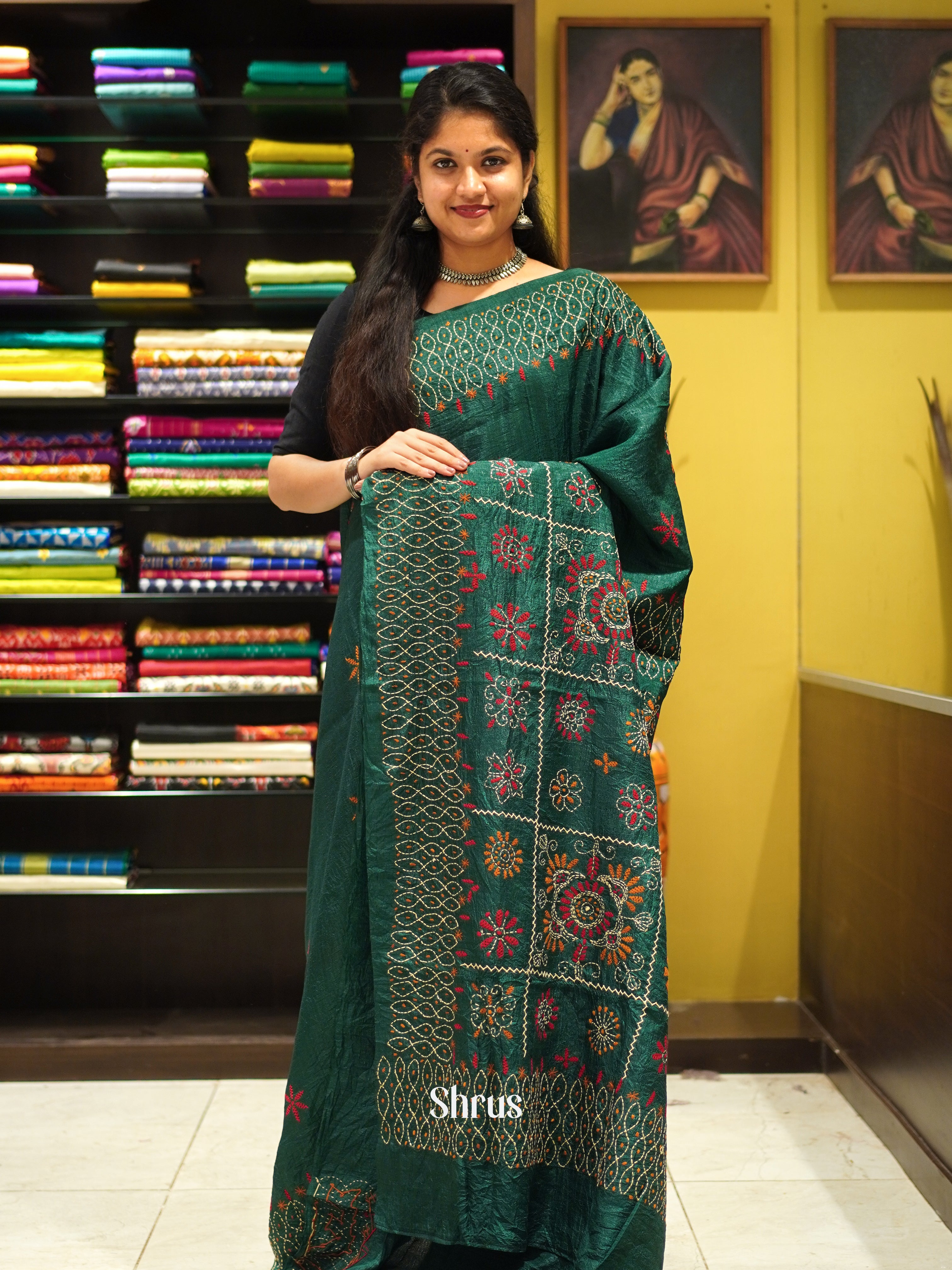 Green(Single Tone) - Semi Kantha Saree - Shop on ShrusEternity.com