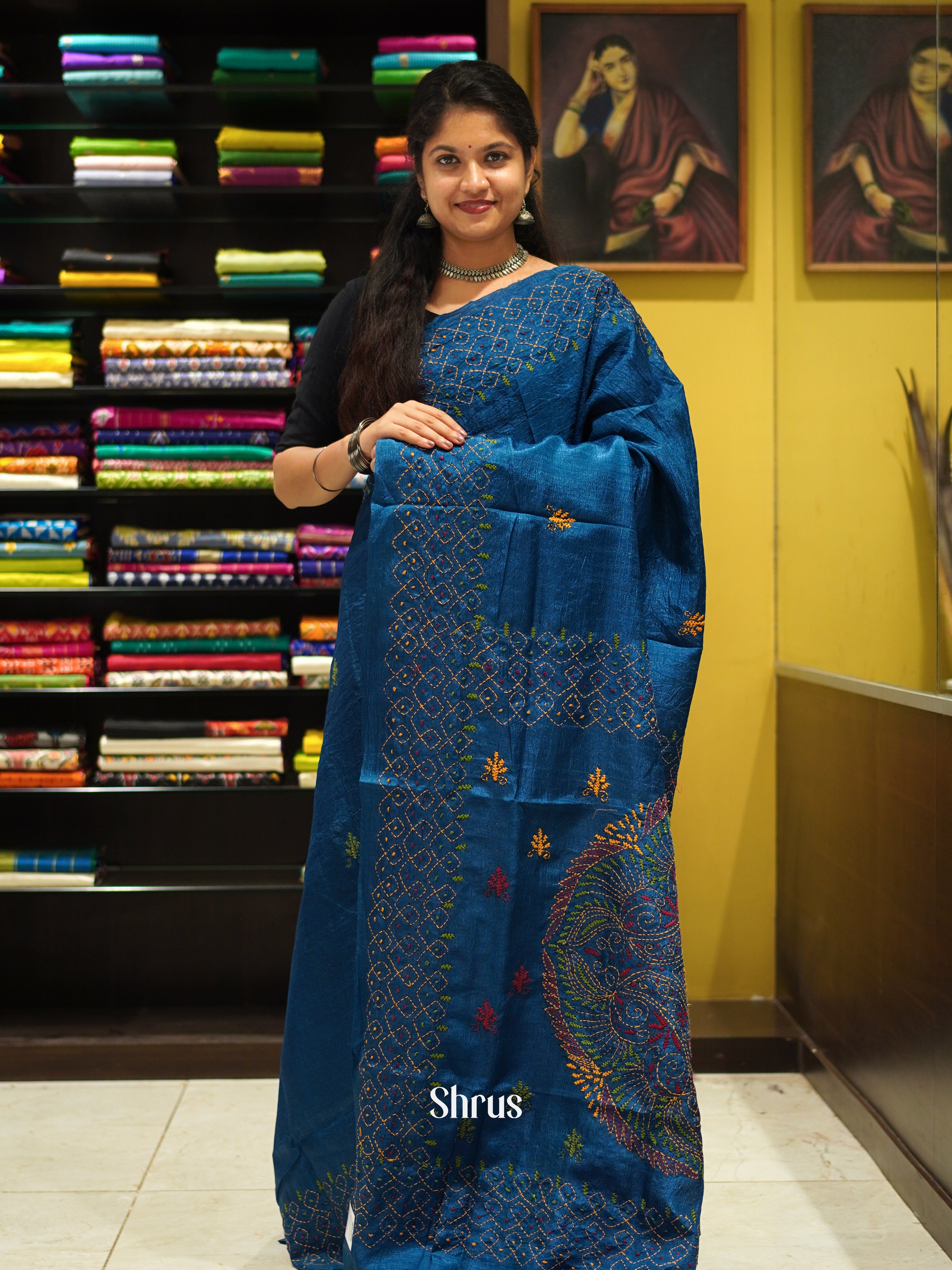 Blue(Single Tone) - Semi Kantha Saree - Shop on ShrusEternity.com