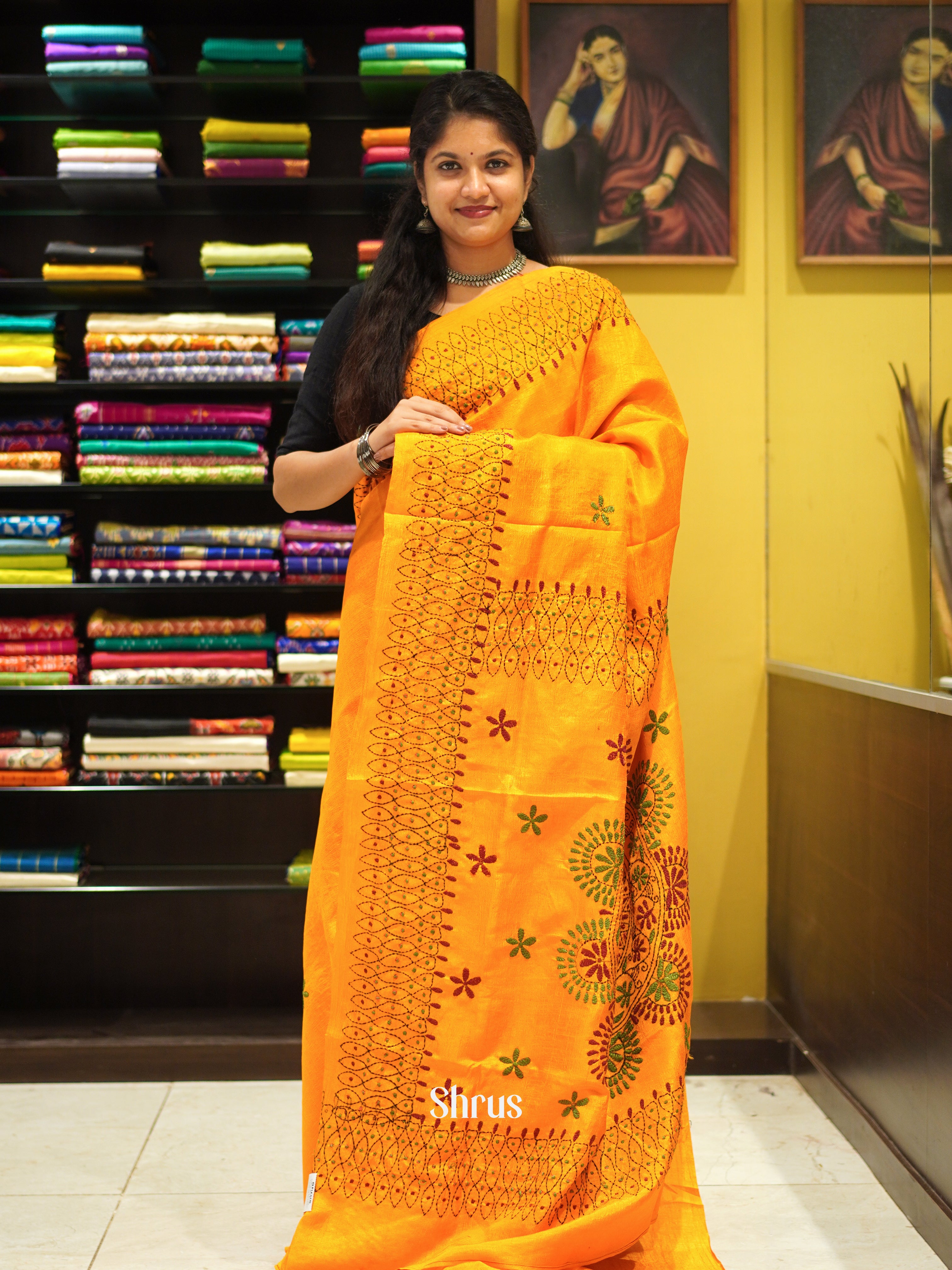 Yellow(Single Tone) - Semi Kantha Saree - Shop on ShrusEternity.com