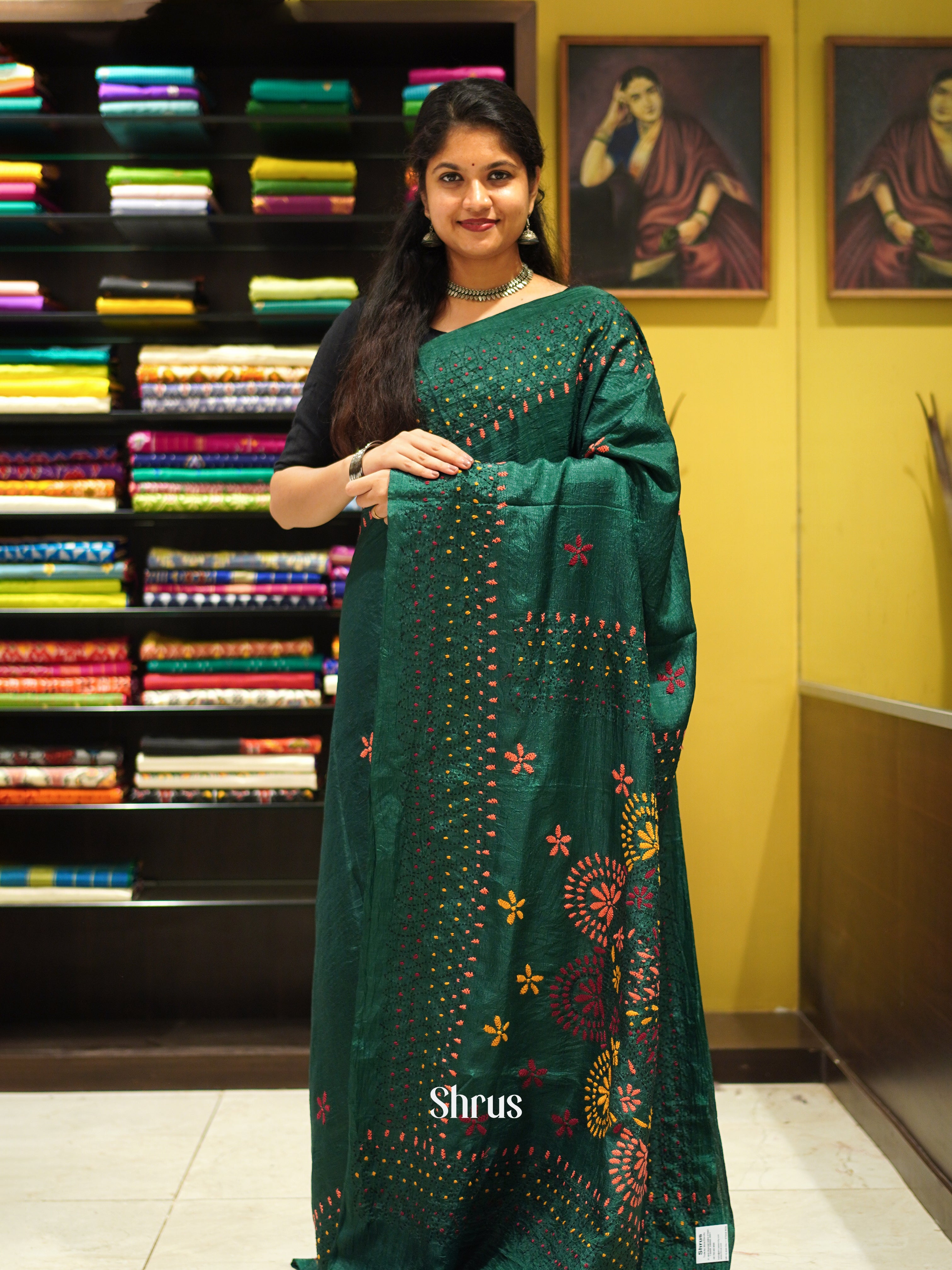 Green(Single Tone) - Semi Kantha Saree - Shop on ShrusEternity.com