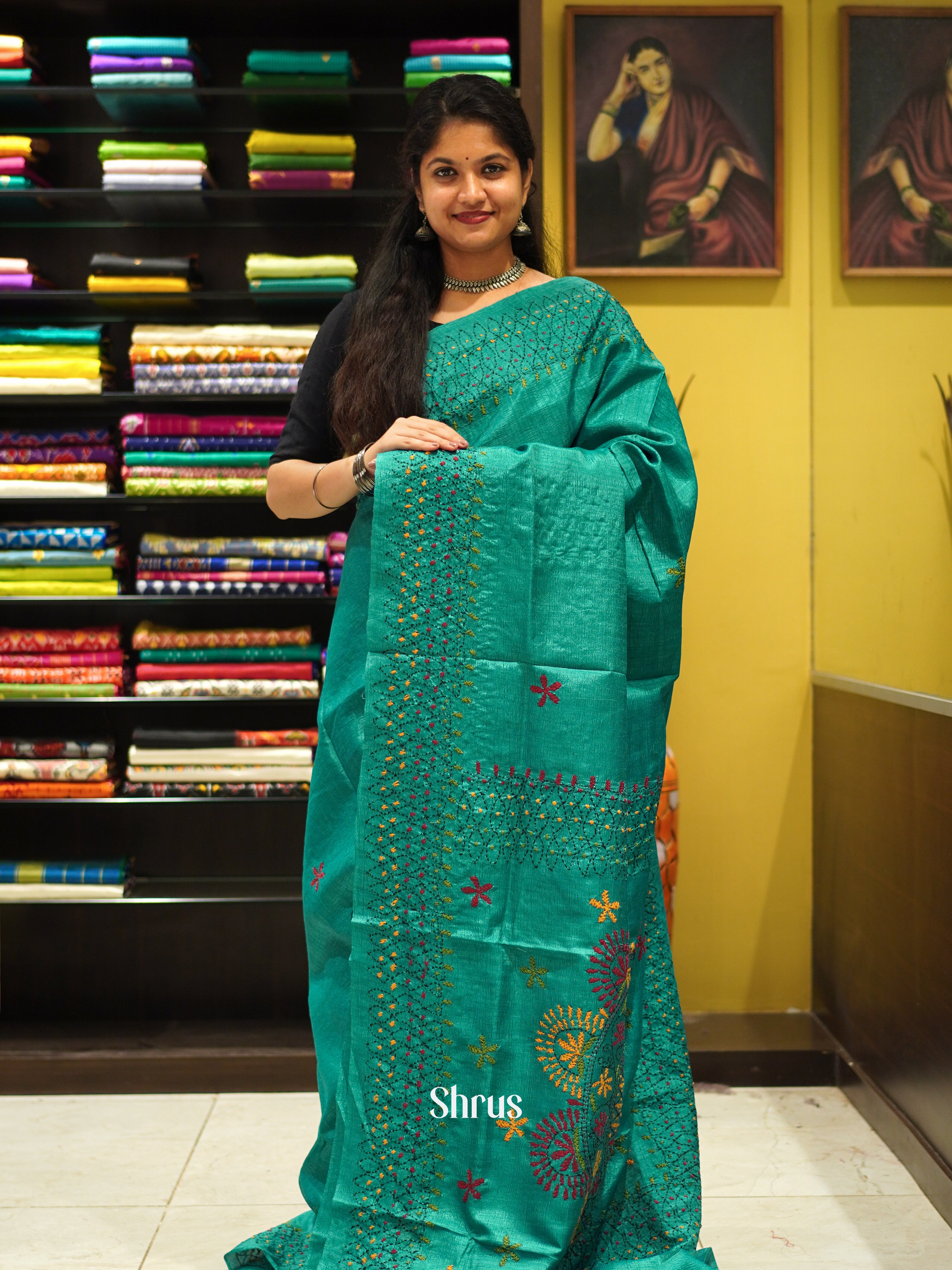 Green(Single Tone) - Semi Kantha Saree - Shop on ShrusEternity.com