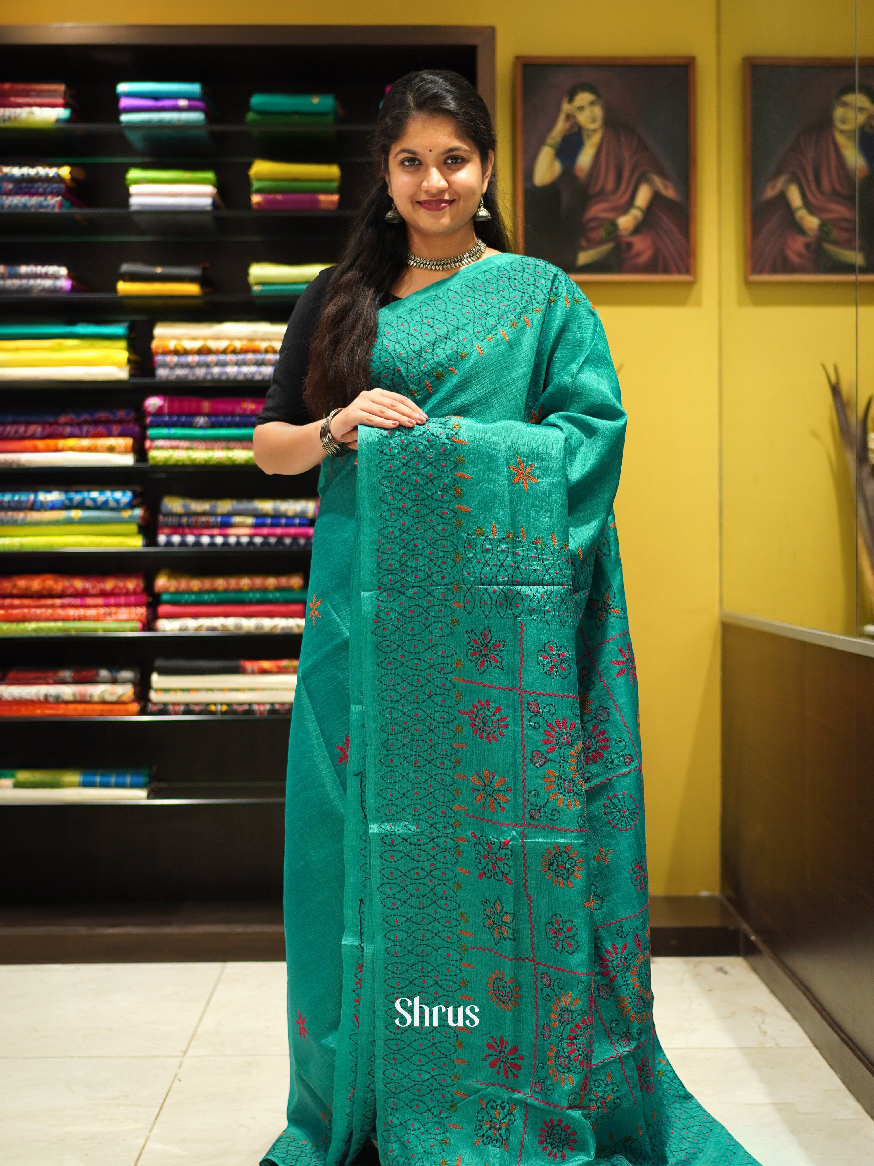 Green(Single Tone) - Semi Kantha Saree - Shop on ShrusEternity.com