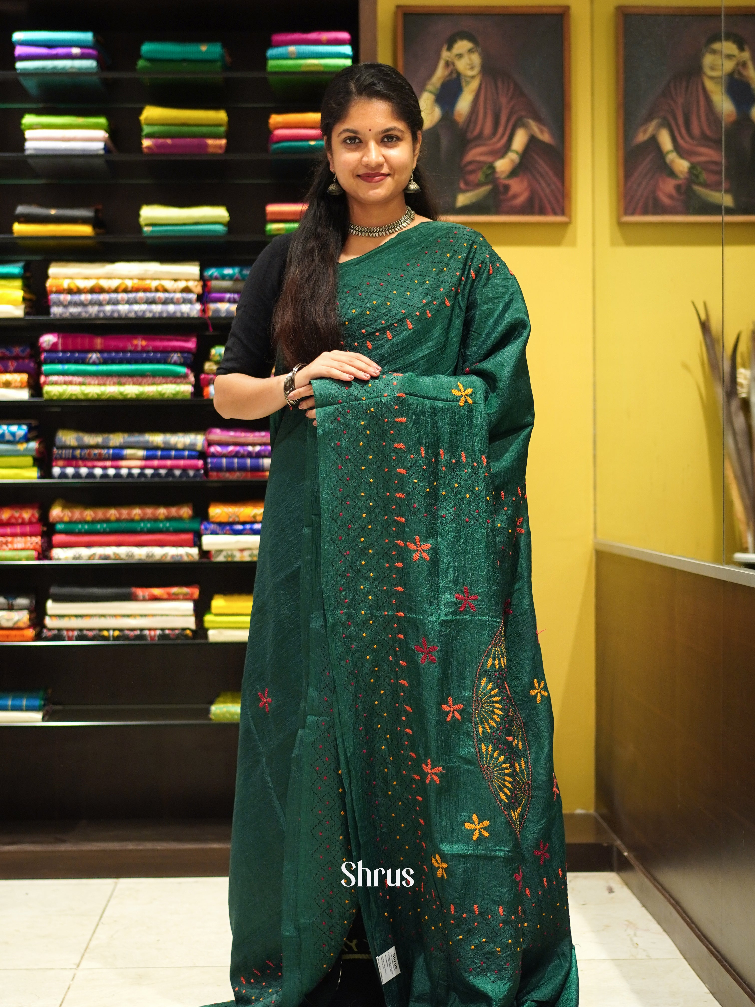 Green(Single Tone)- Semi Kantha Saree - Shop on ShrusEternity.com