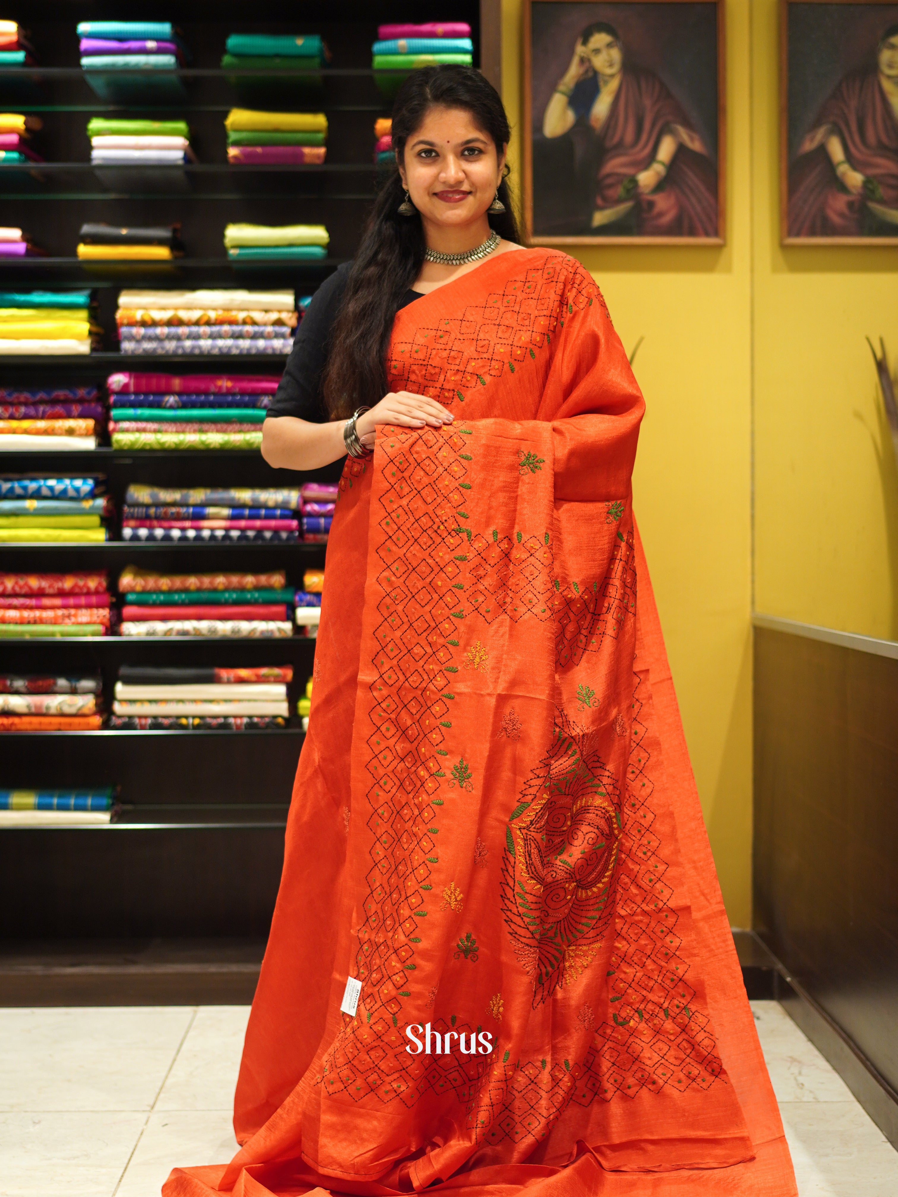 Orange(Single Tone)- Semi Kantha Saree - Shop on ShrusEternity.com