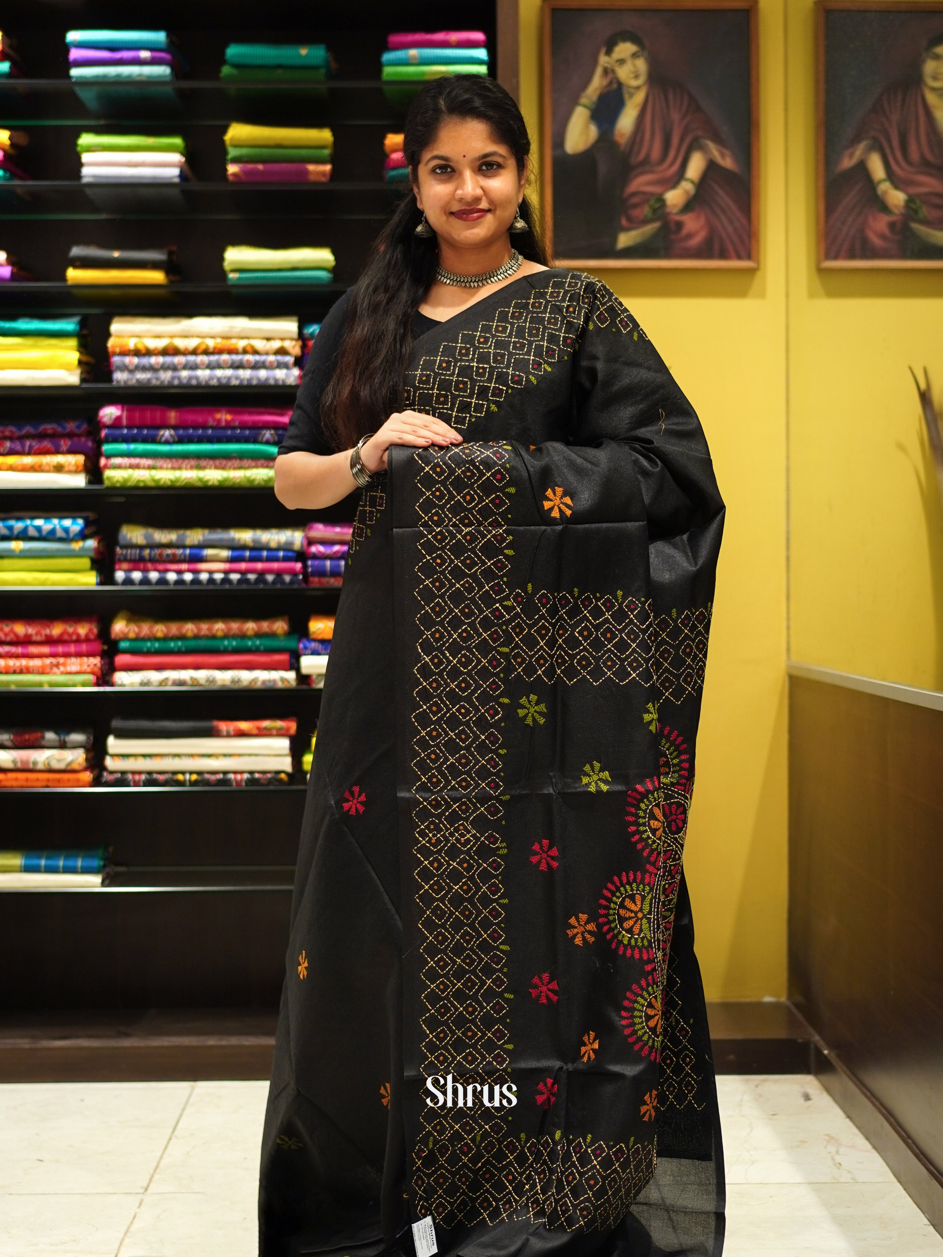 Black(Single Tone) - Semi Kantha Saree - Shop on ShrusEternity.com