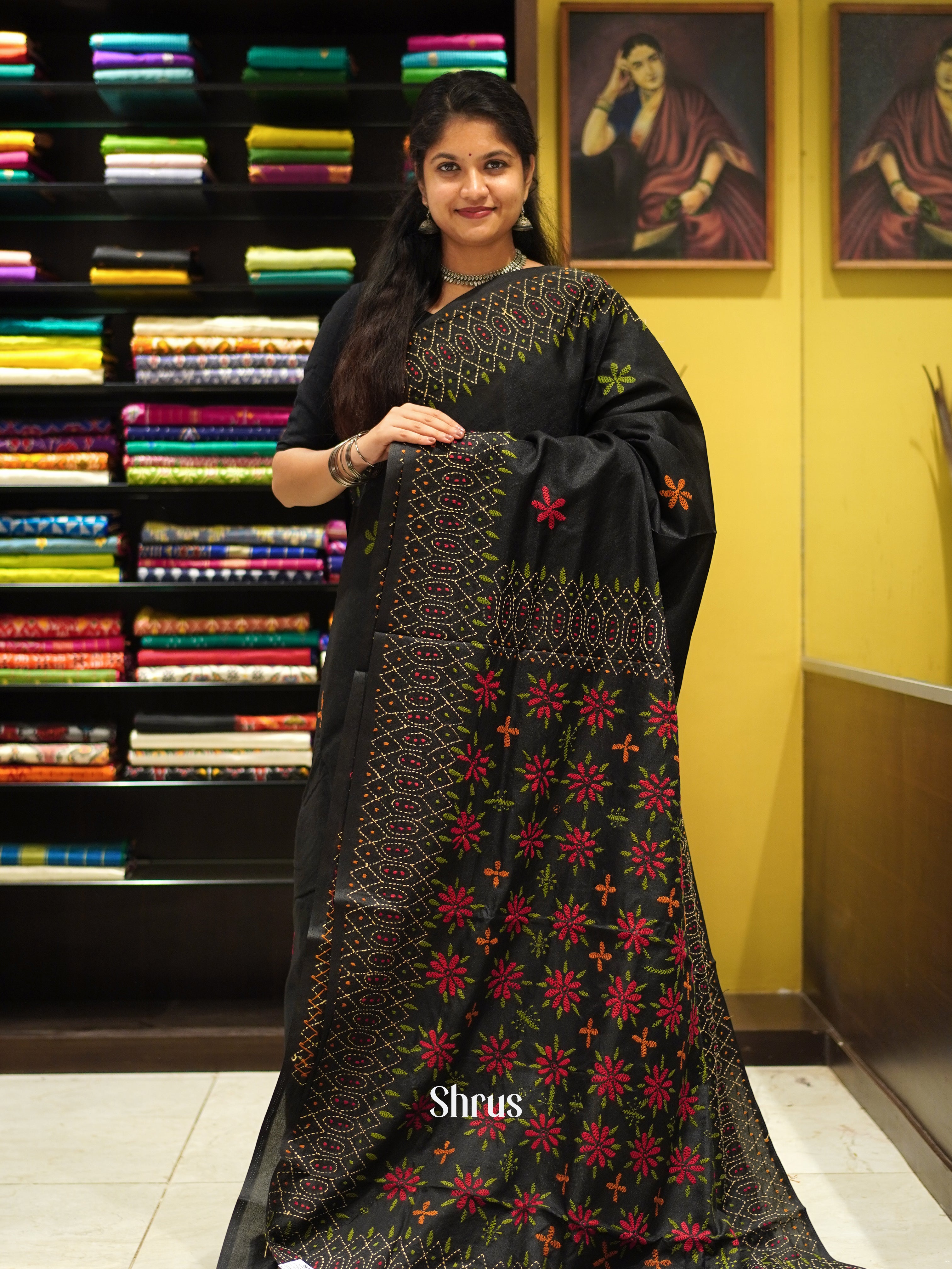 Black(Single Tone) - Semi Kantha Saree - Shop on ShrusEternity.com