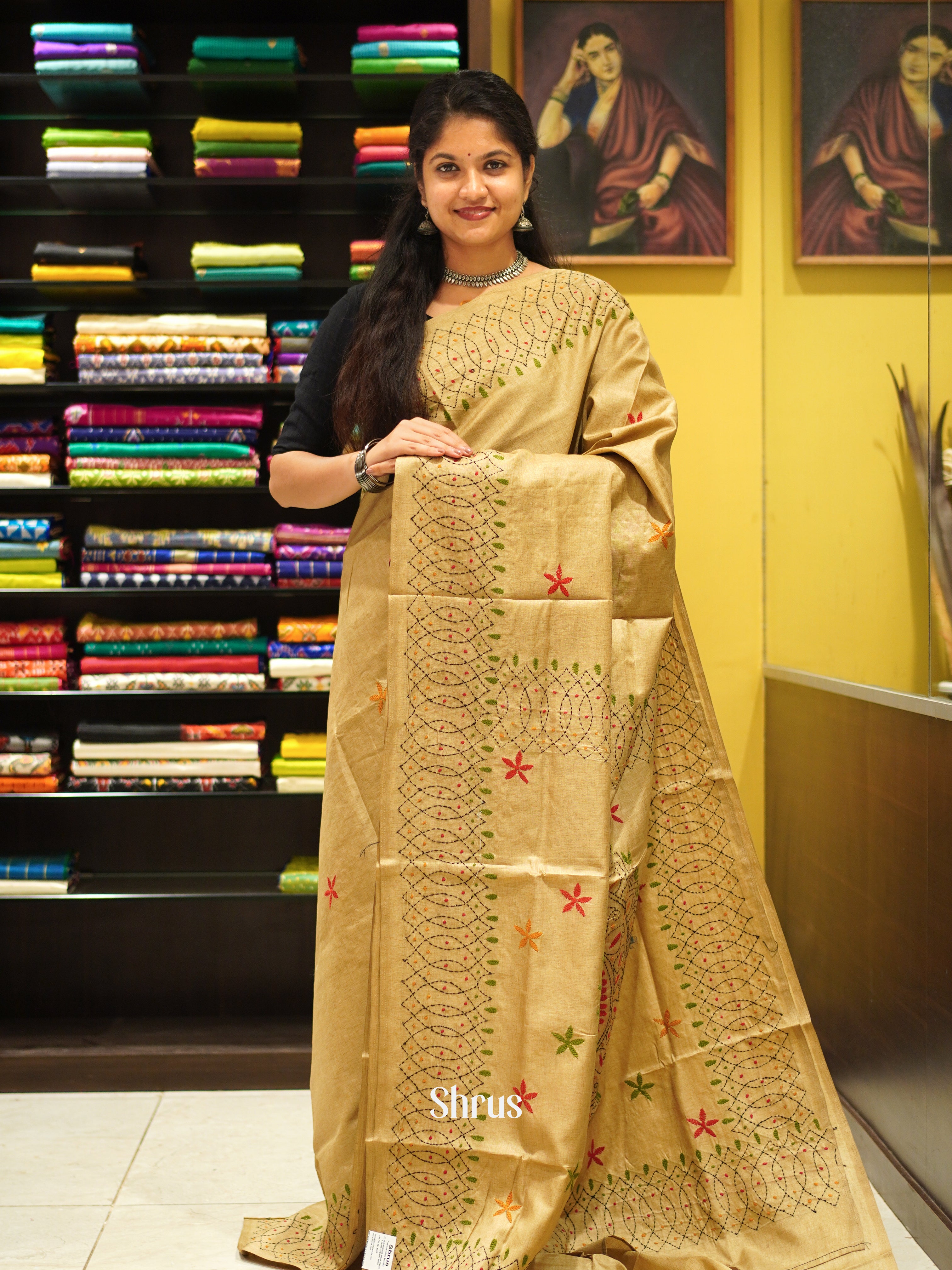 Cream(Single Tone) - Semi Kantha Saree - Shop on ShrusEternity.com