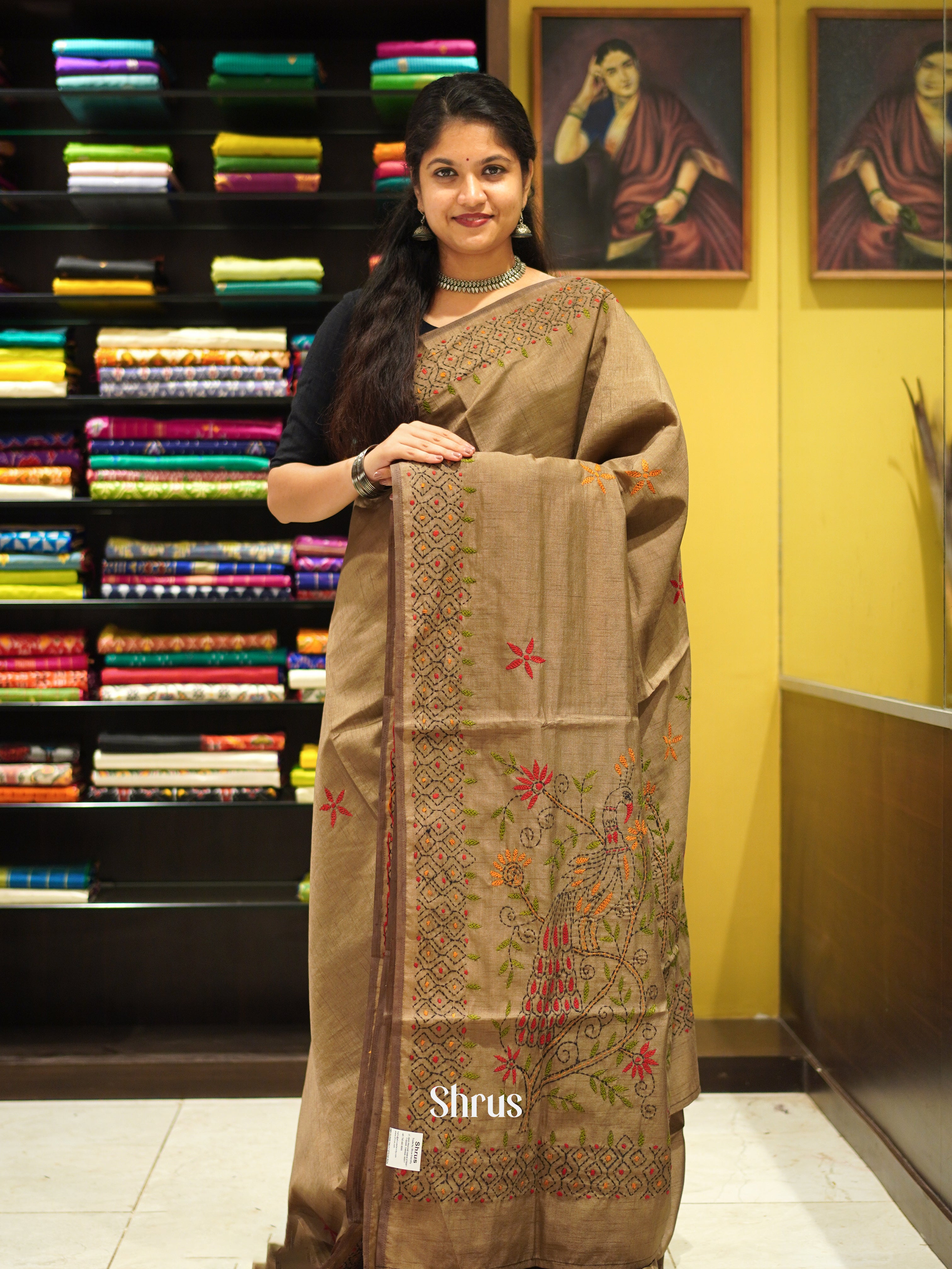 Beige(Single Tone) - Semi Kantha Saree - Shop on ShrusEternity.com