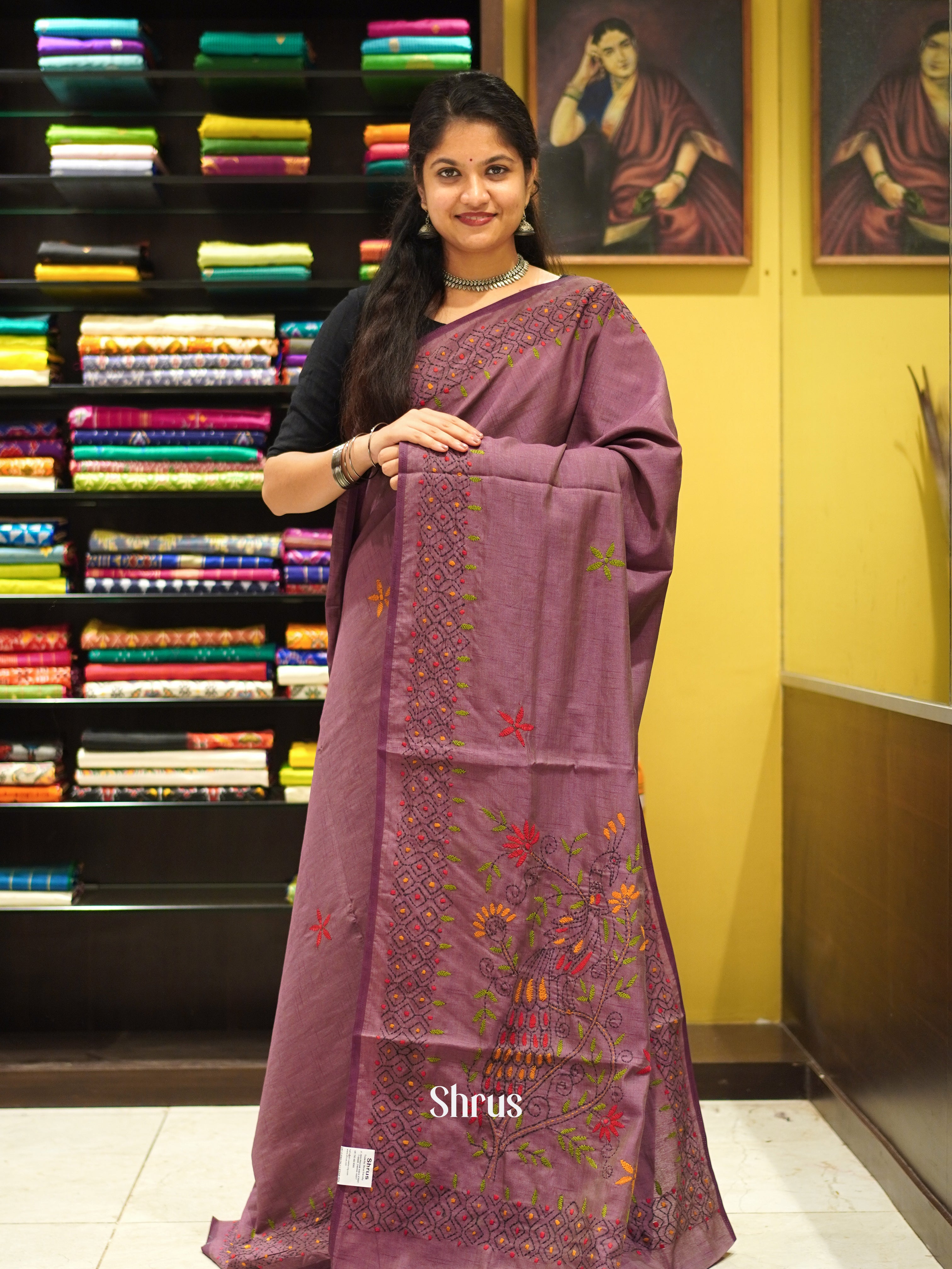 Onion Pink(single Tone)- Semi Kantha Saree - Shop on ShrusEternity.com