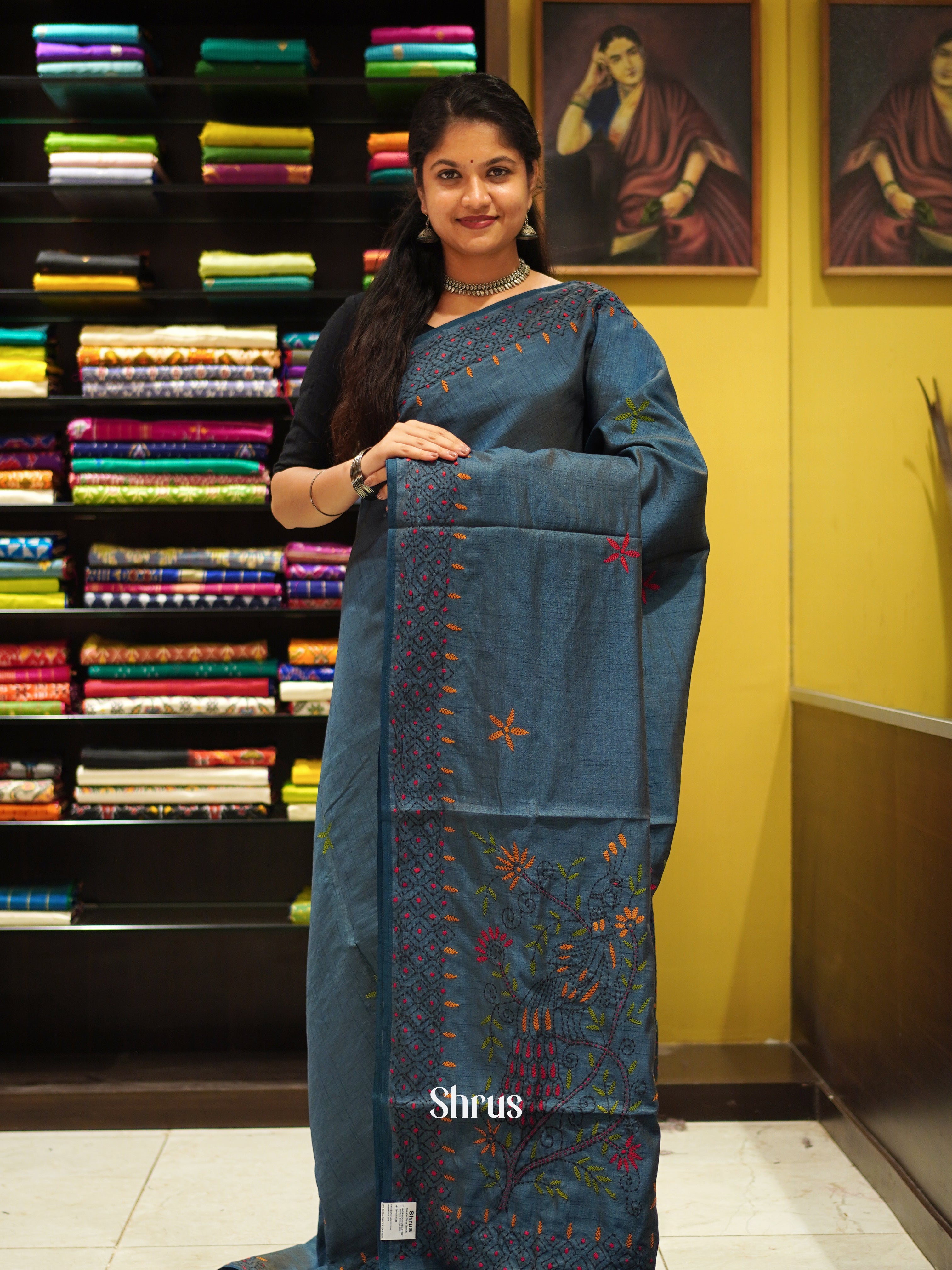 Blue(Single Tone) - Semi Kantha Saree - Shop on ShrusEternity.com