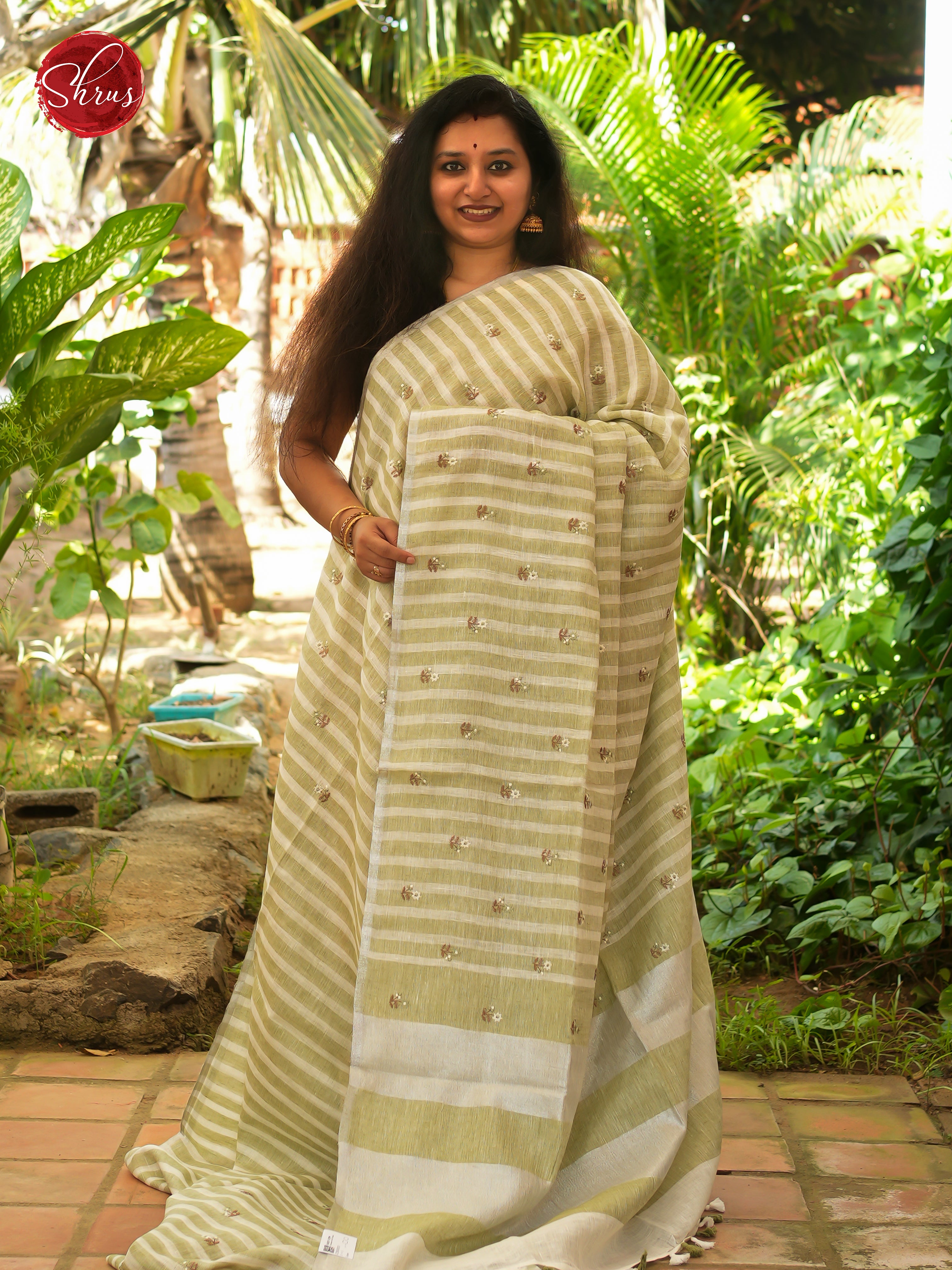 Cream & Green - Linen Saree - Shop on ShrusEternity.com