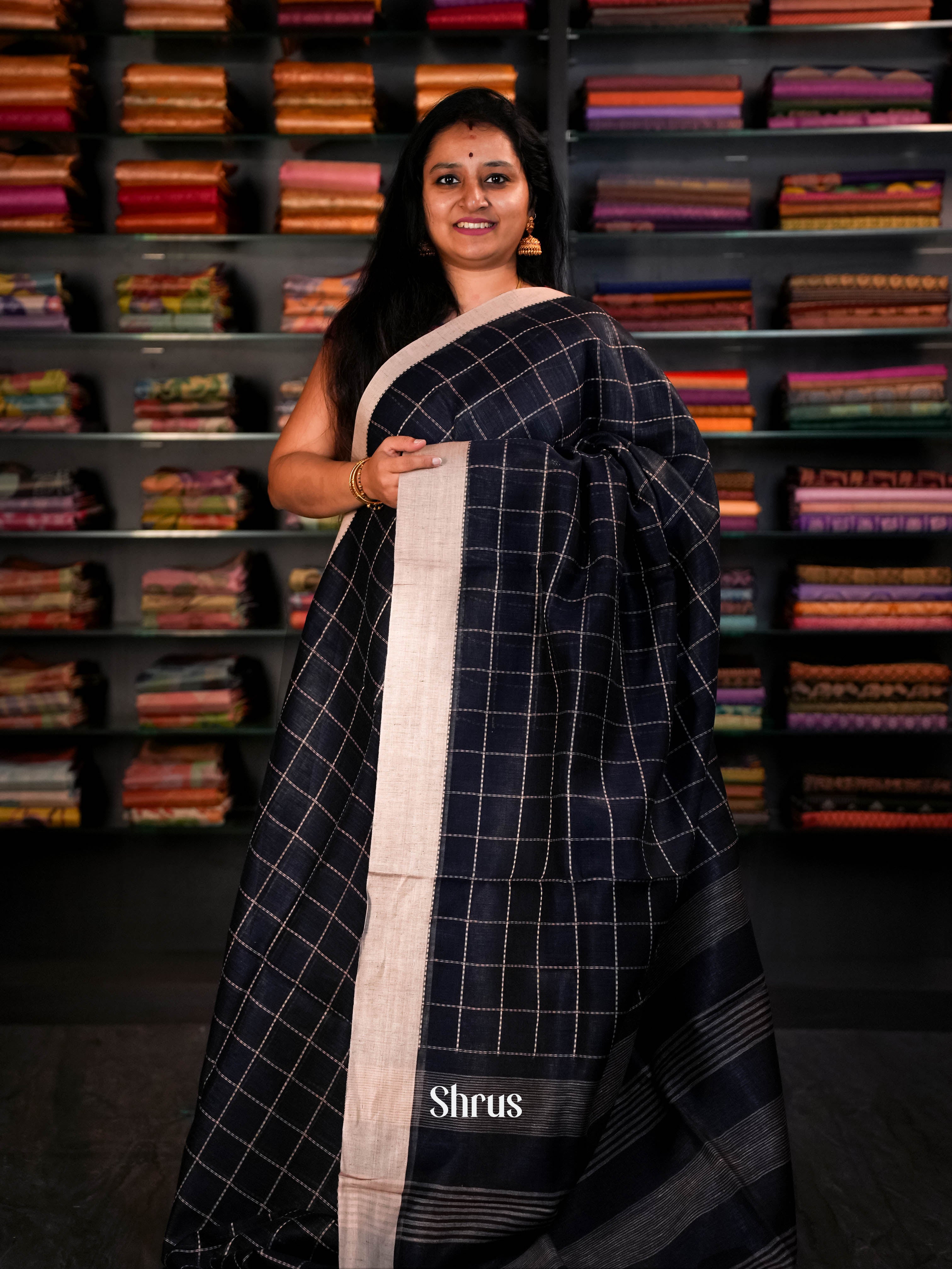 Cream & Navy Blue - Linen Saree Saree